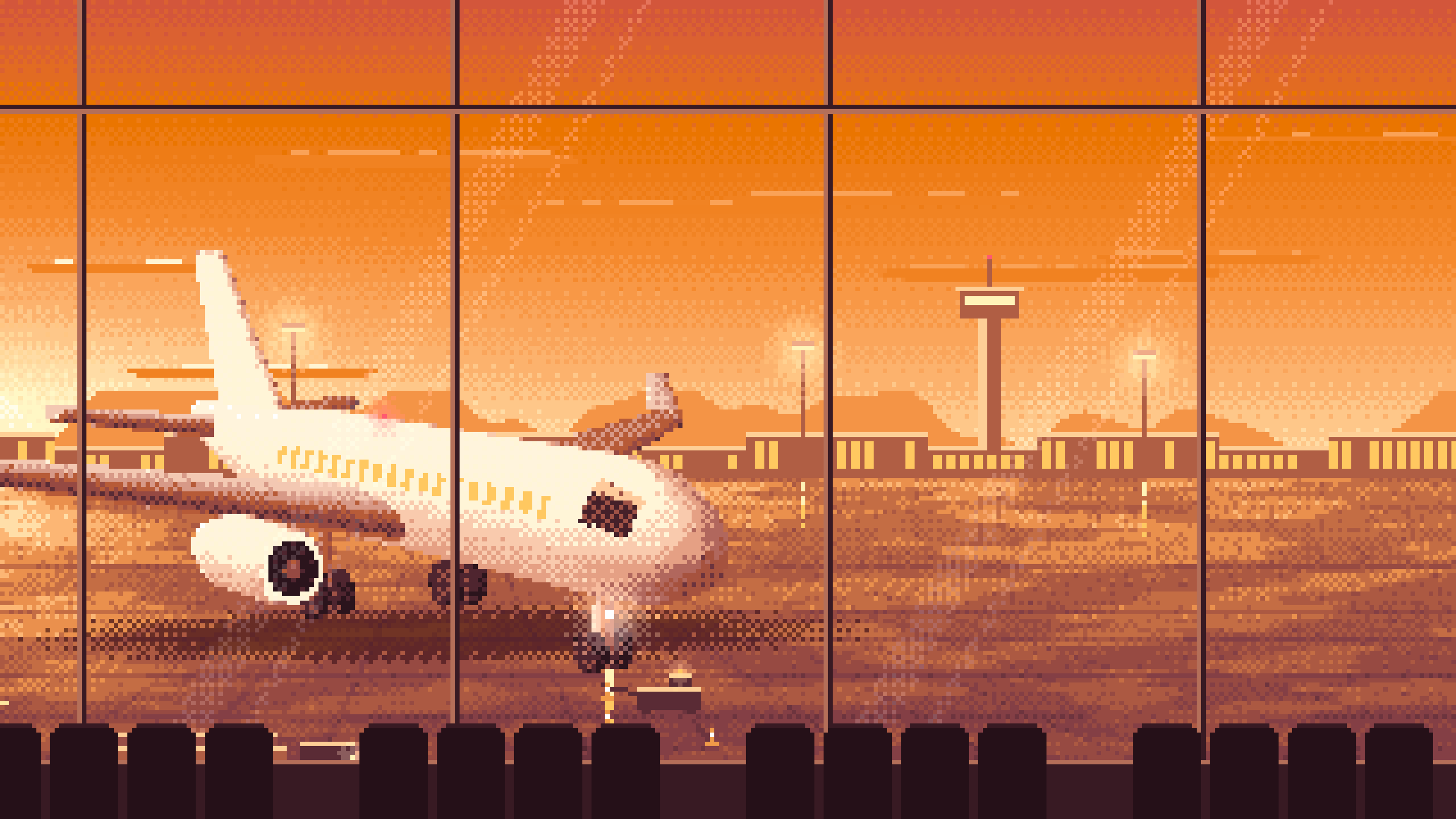 Orange Pixel Art Airplane at the Airport at Dusk desktop wallpaper in 4K