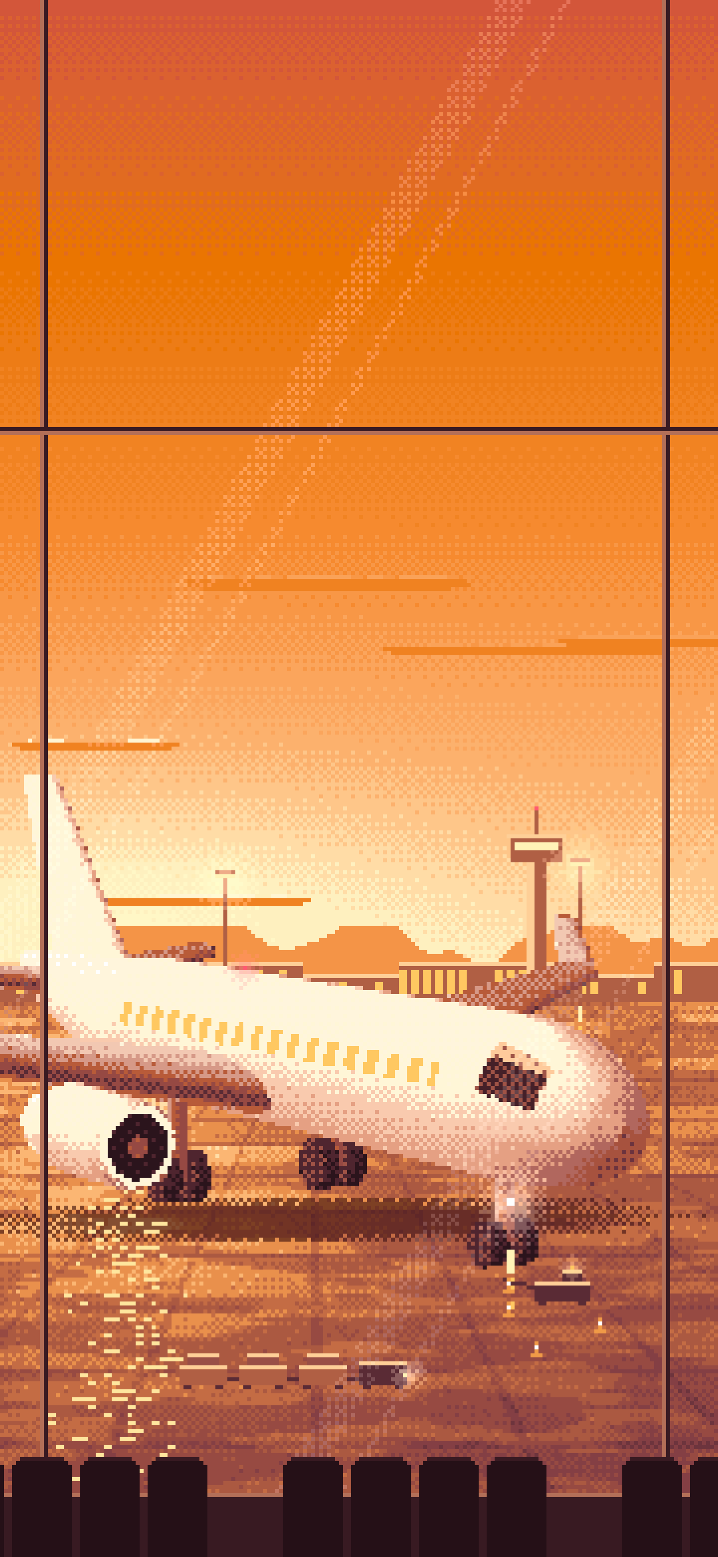 Orange Pixel Art Airplane at the Airport at Dusk wallpaper for iPhone and Android