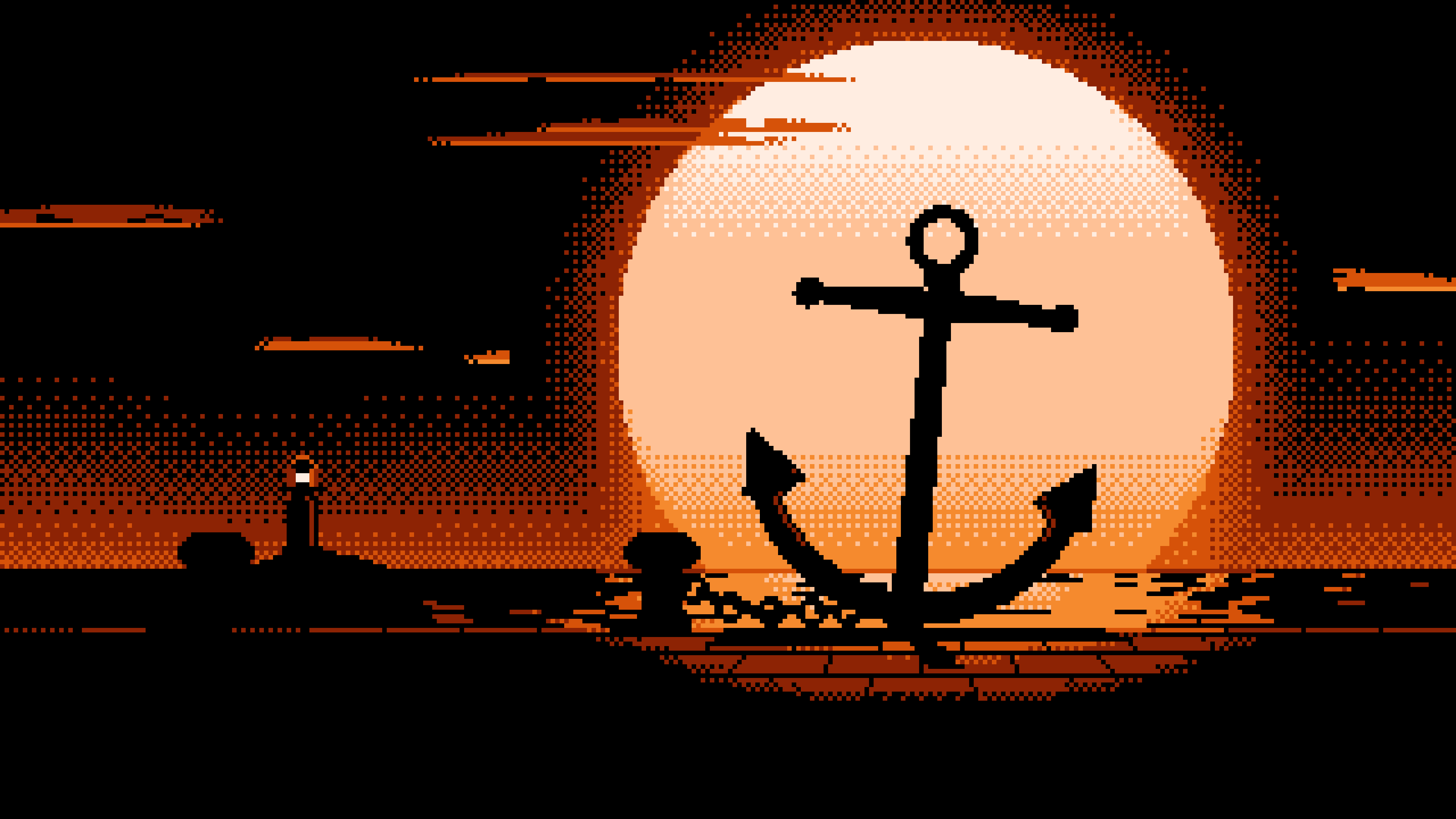 Orange Pixel Art Anchor on a Quay desktop wallpaper in 4K