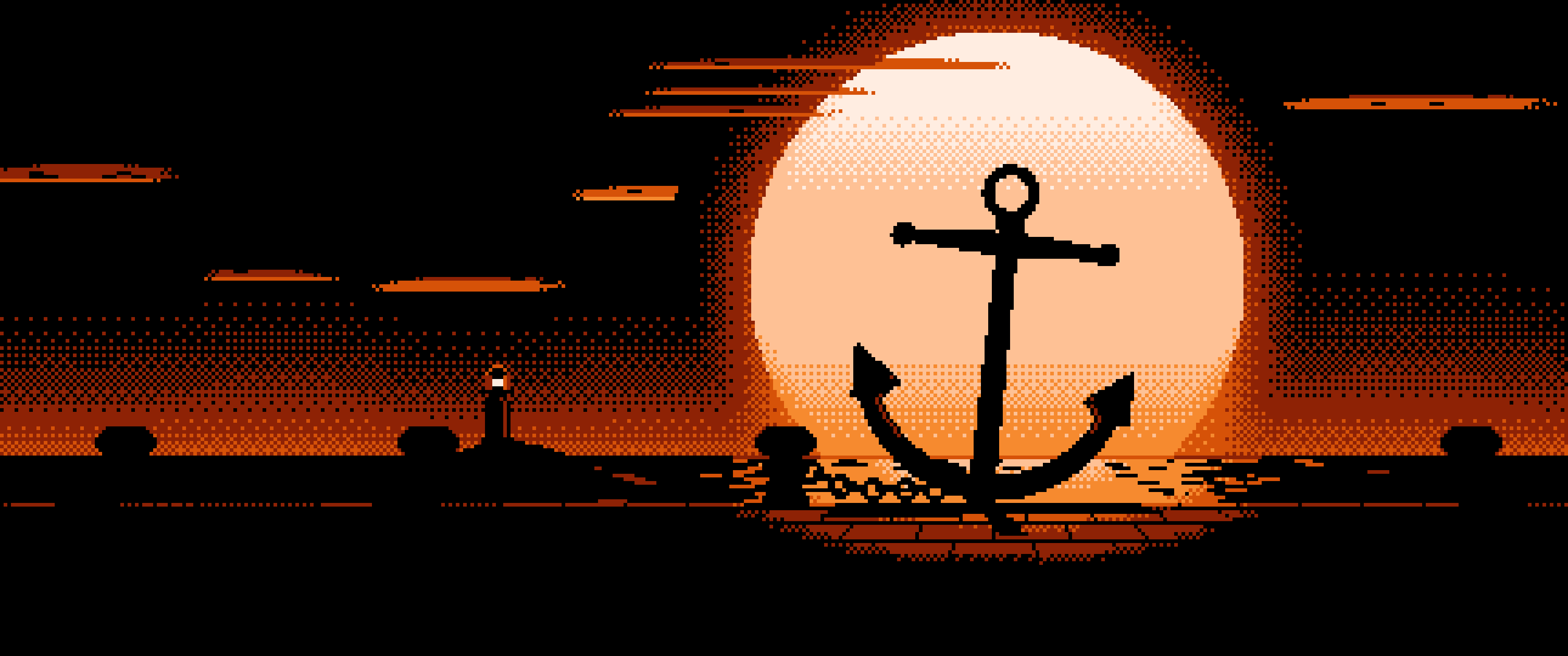 Orange Pixel Art Anchor on a Quay ultrawide wallpaper, 3440 × 1440