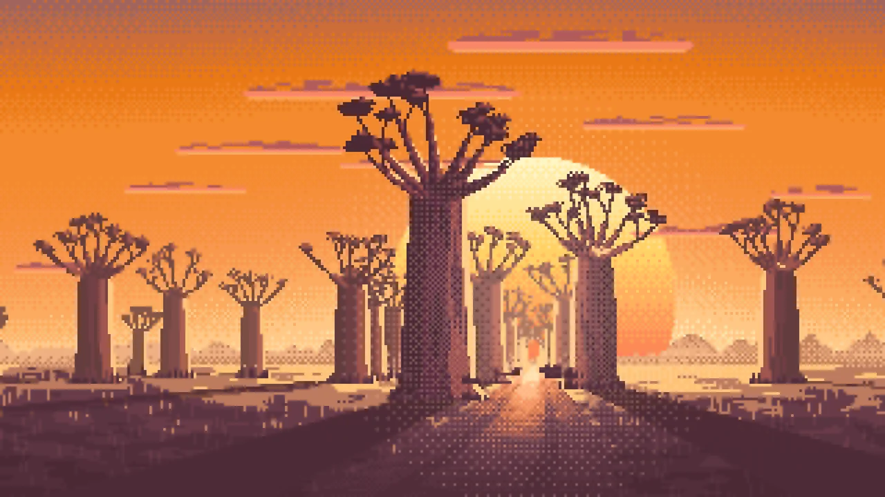 Orange Pixel Art Baobab Trees at Sunset desktop wallpaper in 4K