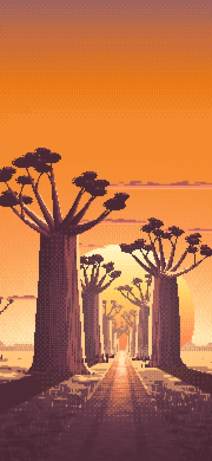 Orange Pixel Art Baobab Trees at Sunset wallpaper for iPhone and Android