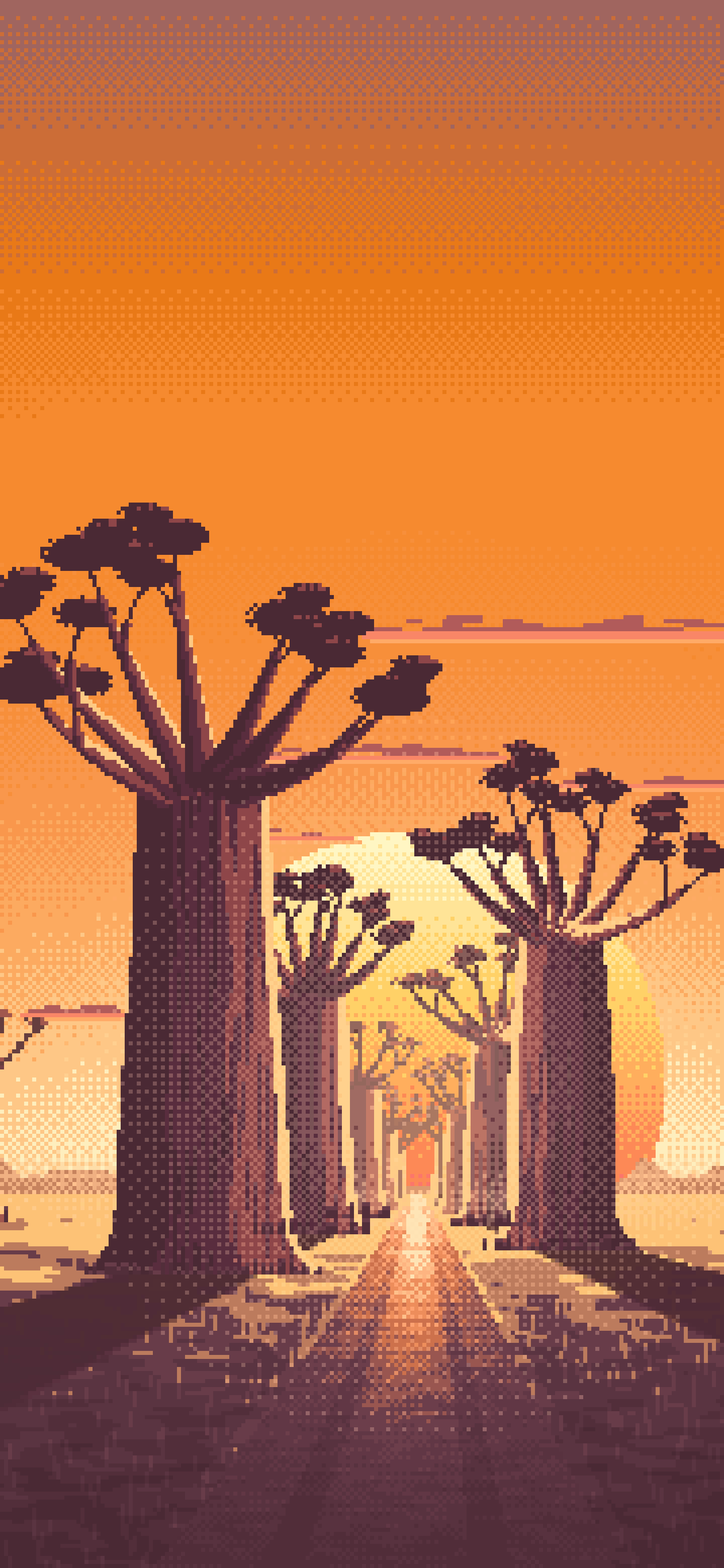 Orange Pixel Art Baobab Trees at Sunset wallpaper for iPhone and Android
