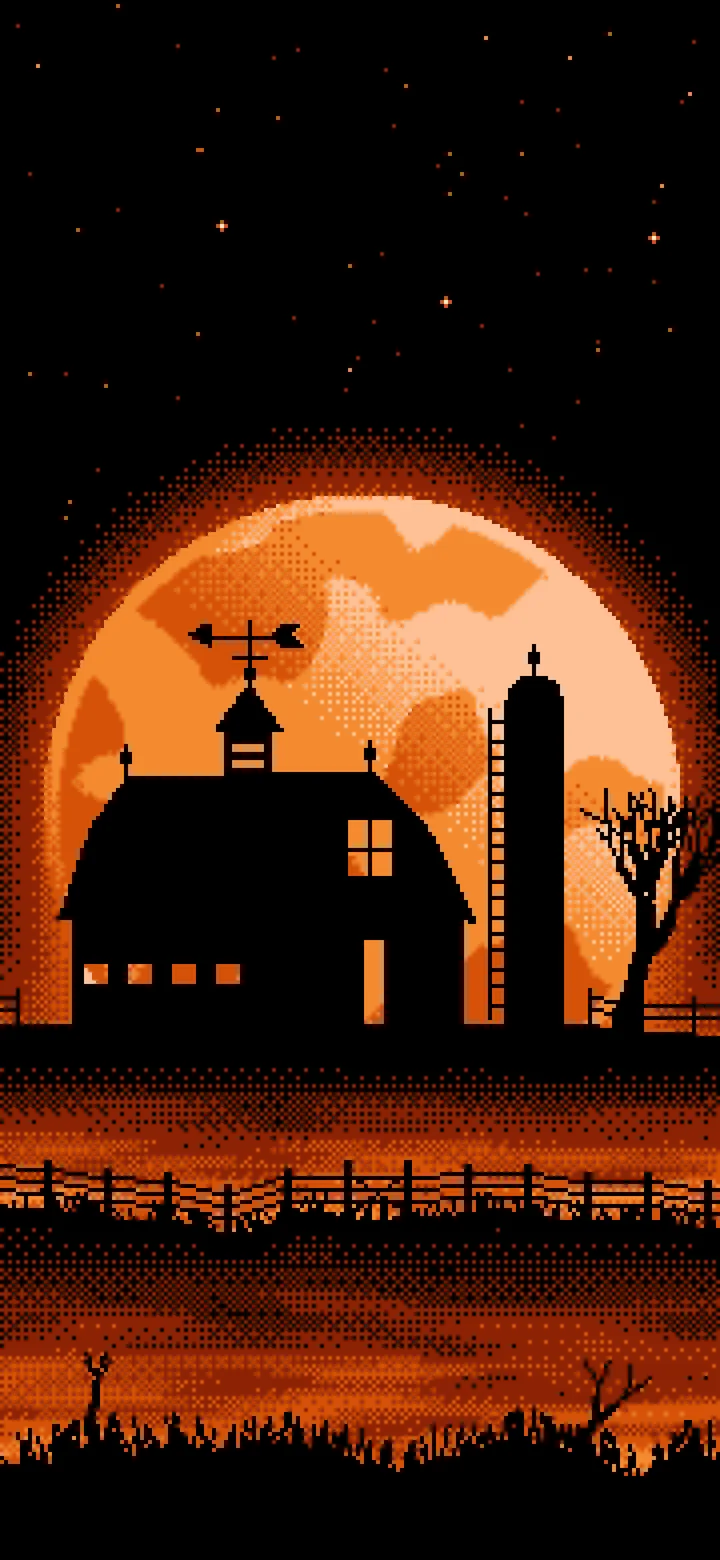 Orange Pixel Art Barn and Harvest Moon wallpaper for iPhone and Android