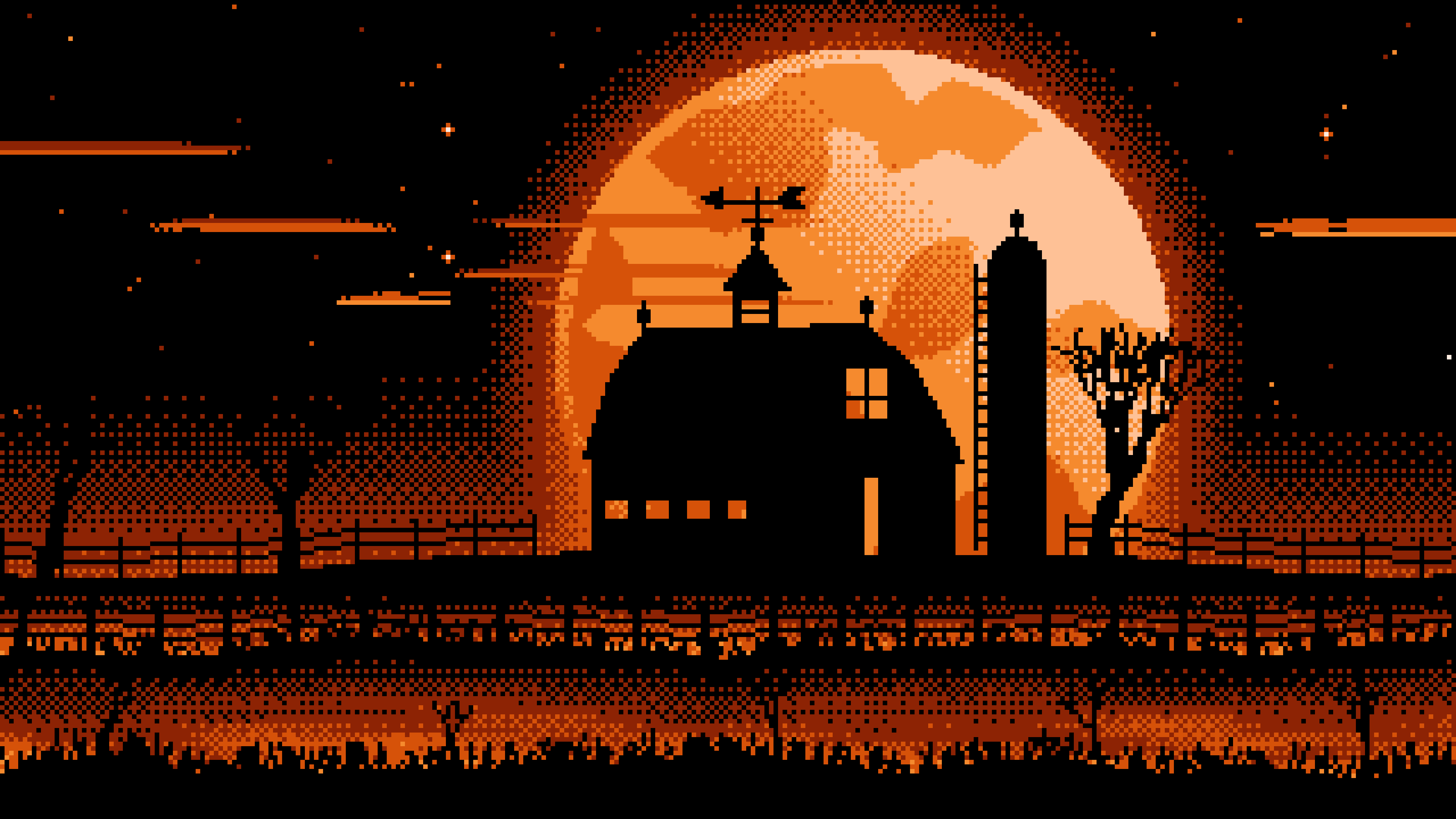 Orange Pixel Art Barn and Harvest Moon desktop wallpaper in 4K