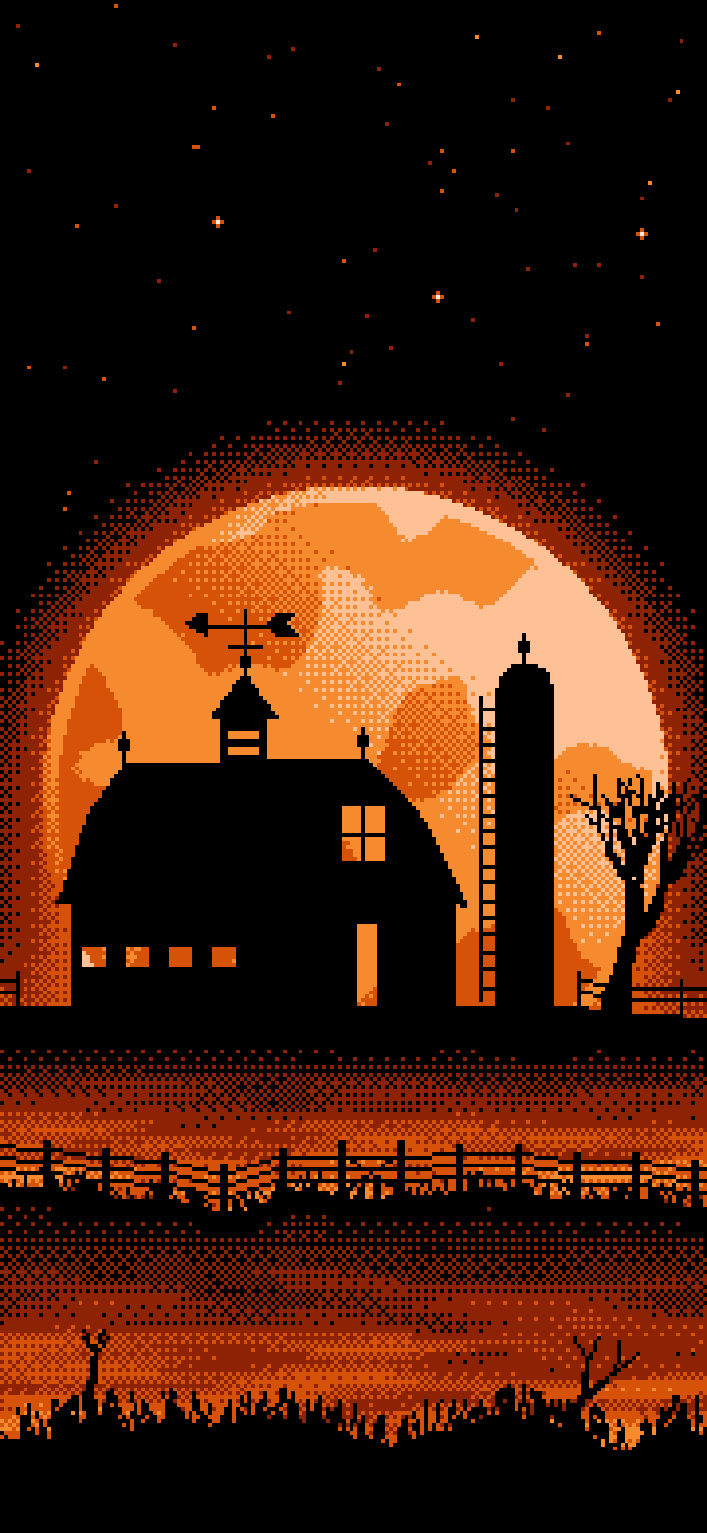 Orange Pixel Art Barn and Harvest Moon wallpaper for iPhone and Android