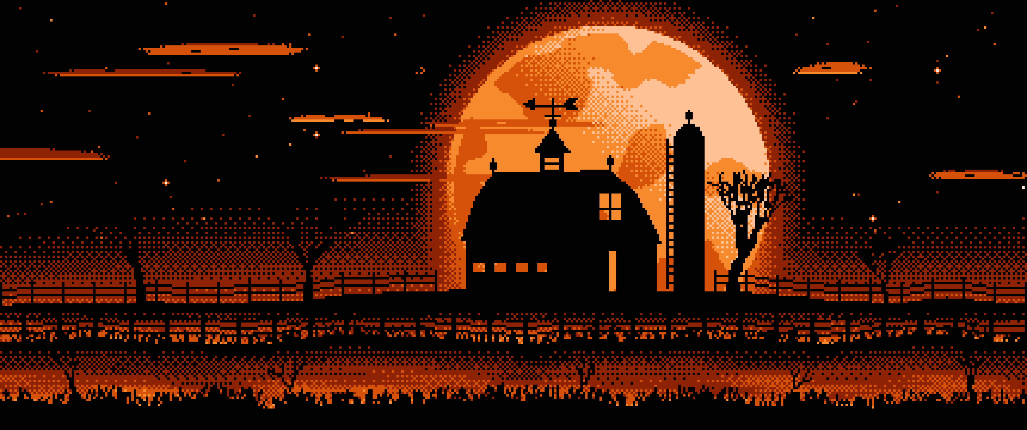 Orange Pixel Art Barn and Harvest Moon ultrawide wallpaper, 3440 × 1440
