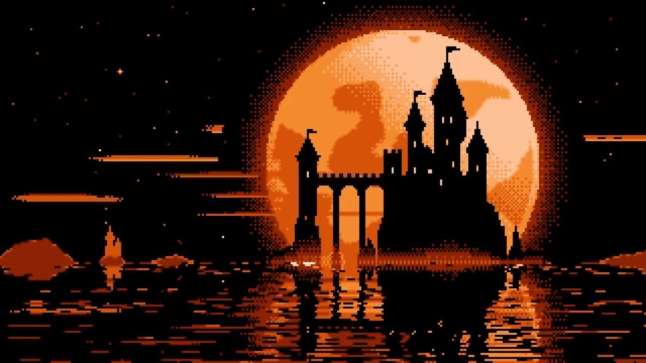 Orange Pixel Art Castle and Full Moon desktop wallpaper in 4K