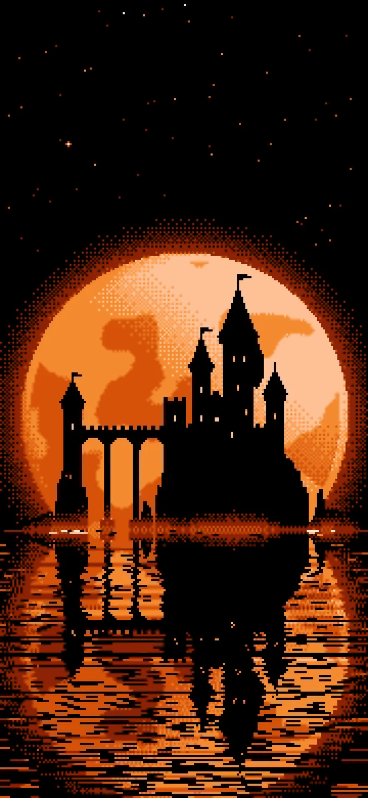 Orange Pixel Art Castle and Full Moon wallpaper for iPhone and Android