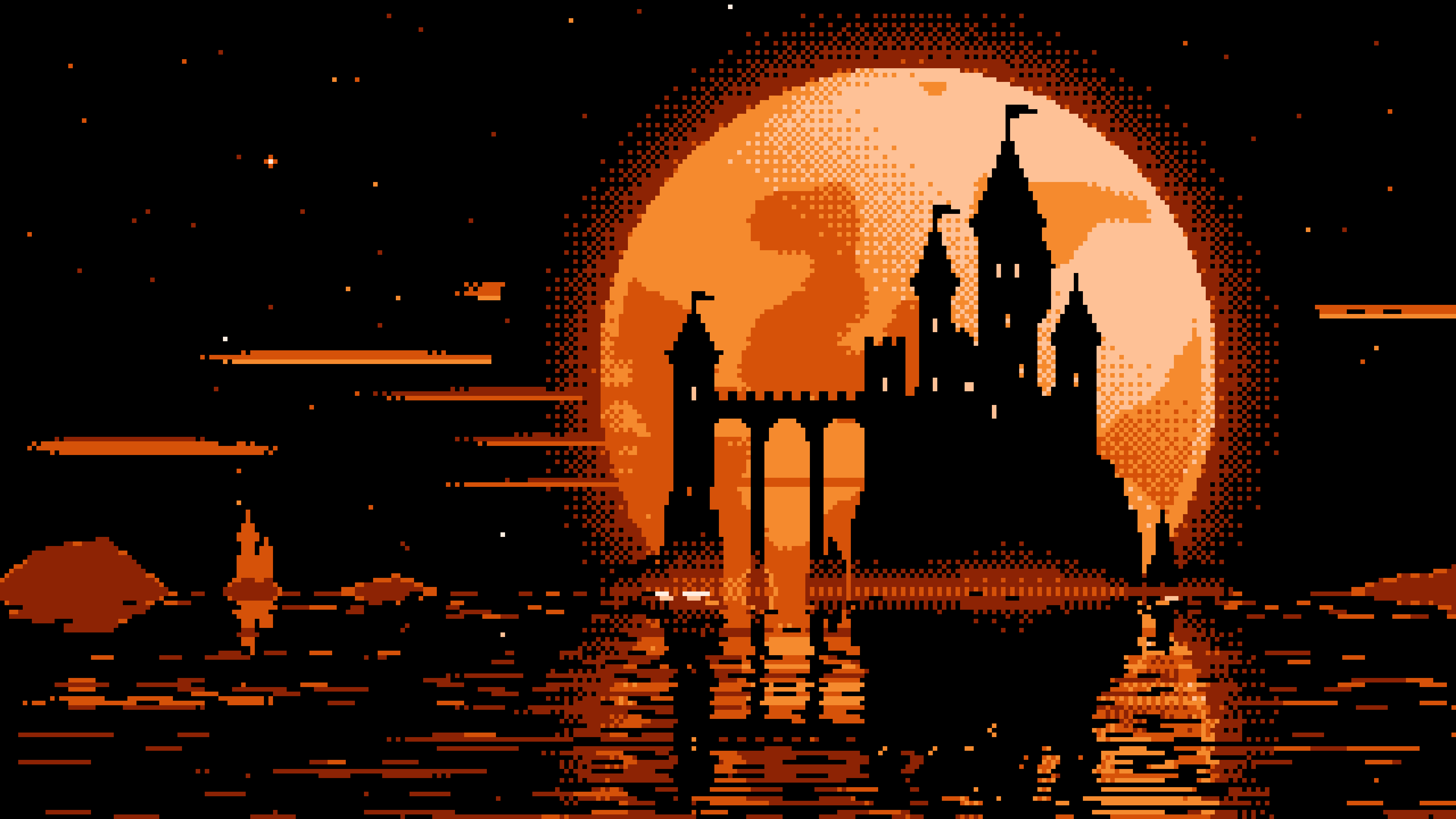 Orange Pixel Art Castle and Full Moon desktop wallpaper in 4K