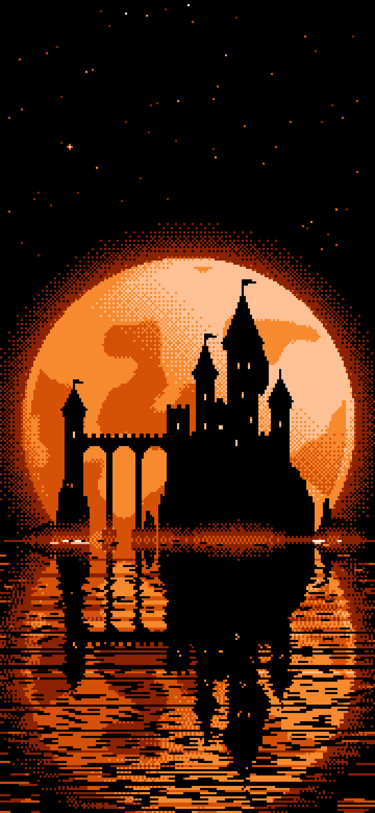 Orange Pixel Art Castle and Full Moon wallpaper for iPhone and Android