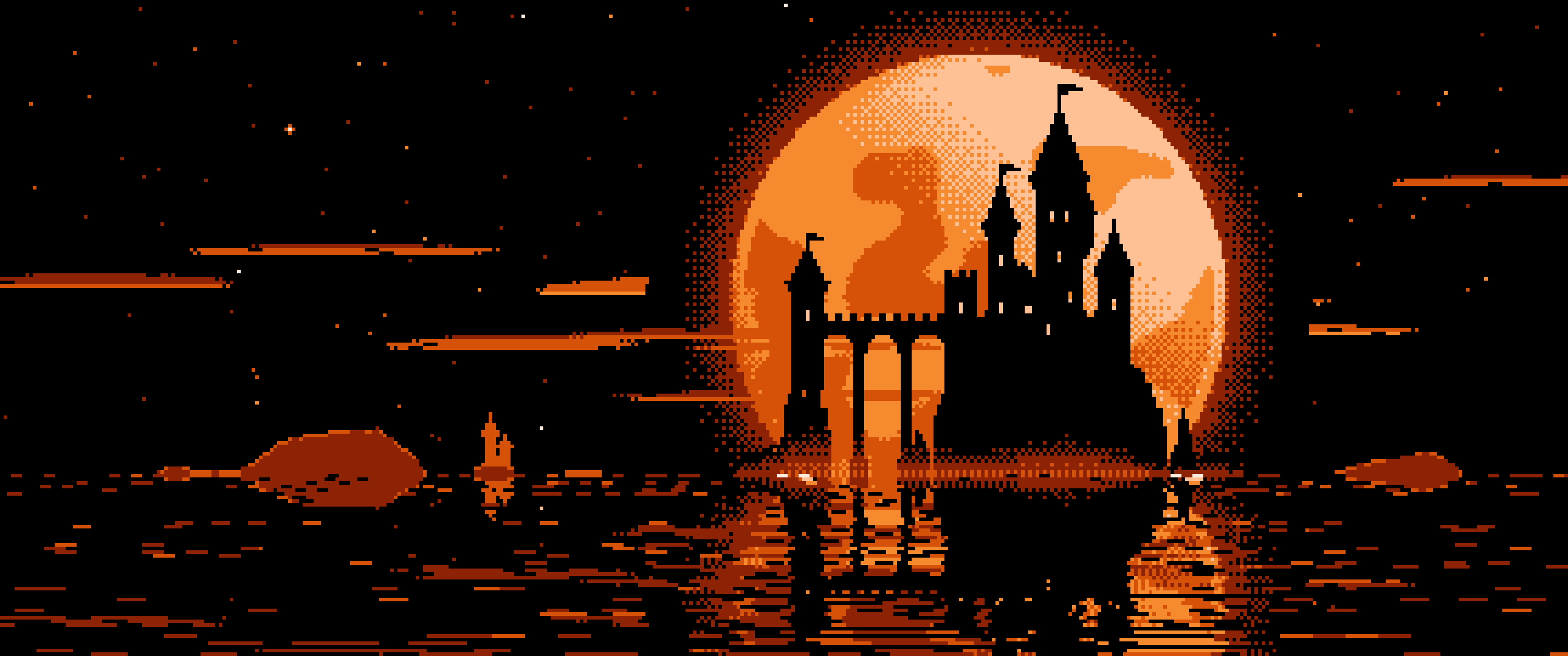 Orange Pixel Art Castle and Full Moon ultrawide wallpaper, 3440 × 1440