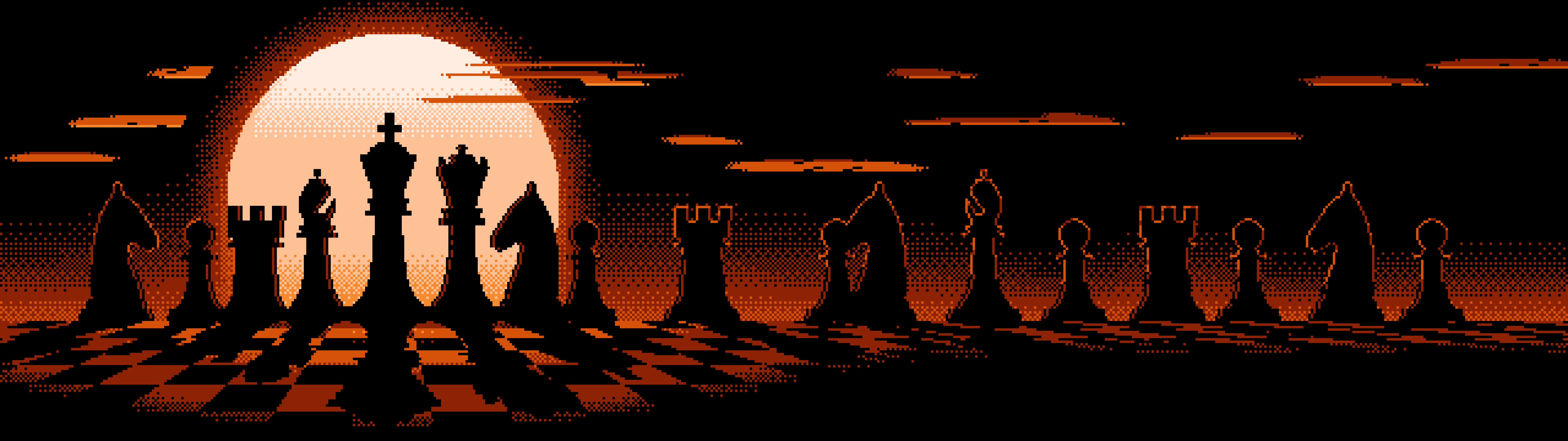 Orange Pixel Art Chess Pieces dual monitor wallpaper, 7680 × 2160