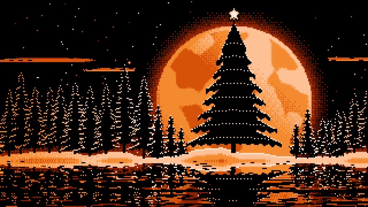 Orange Pixel Art Christmas Tree and Full Moon desktop wallpaper in 4K