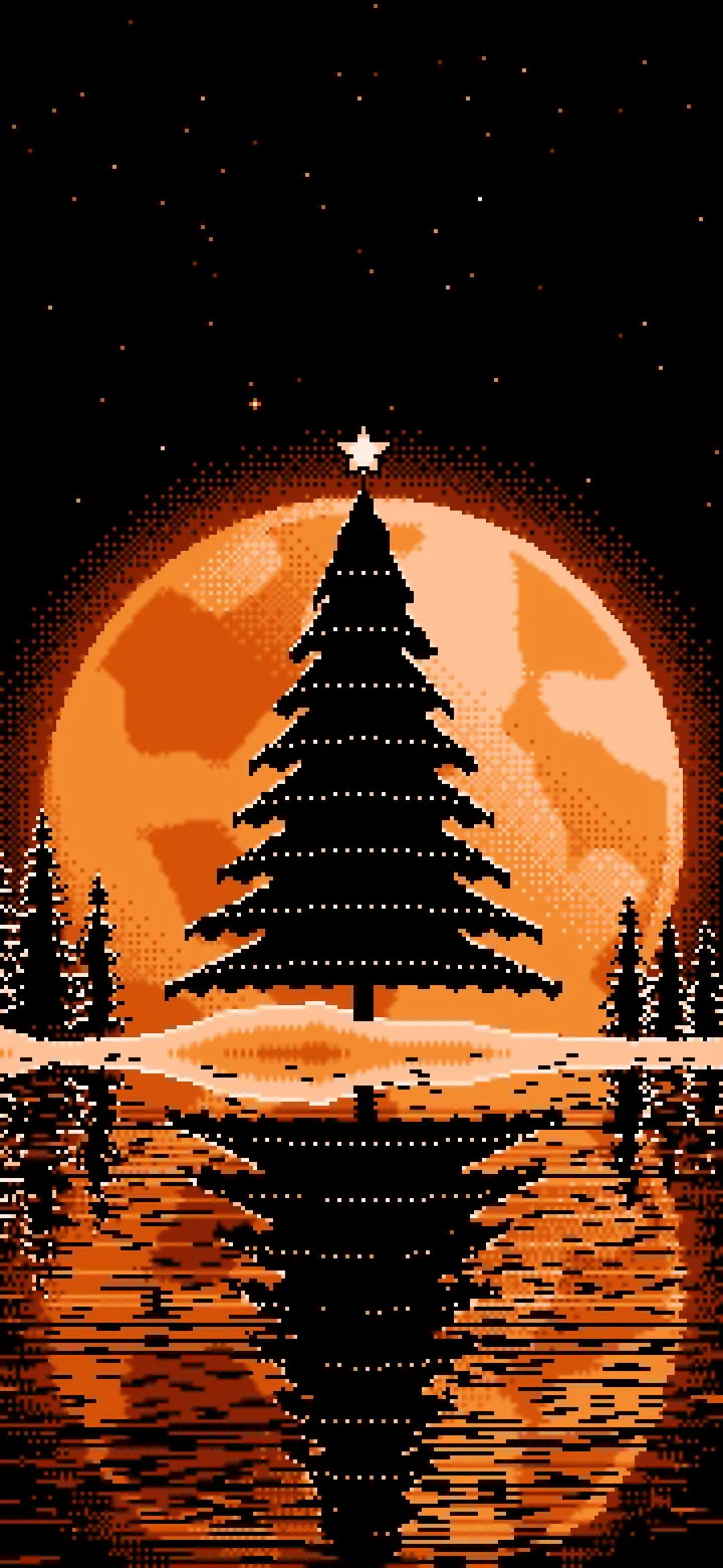 Orange Pixel Art Christmas Tree and Full Moon wallpaper for iPhone and Android