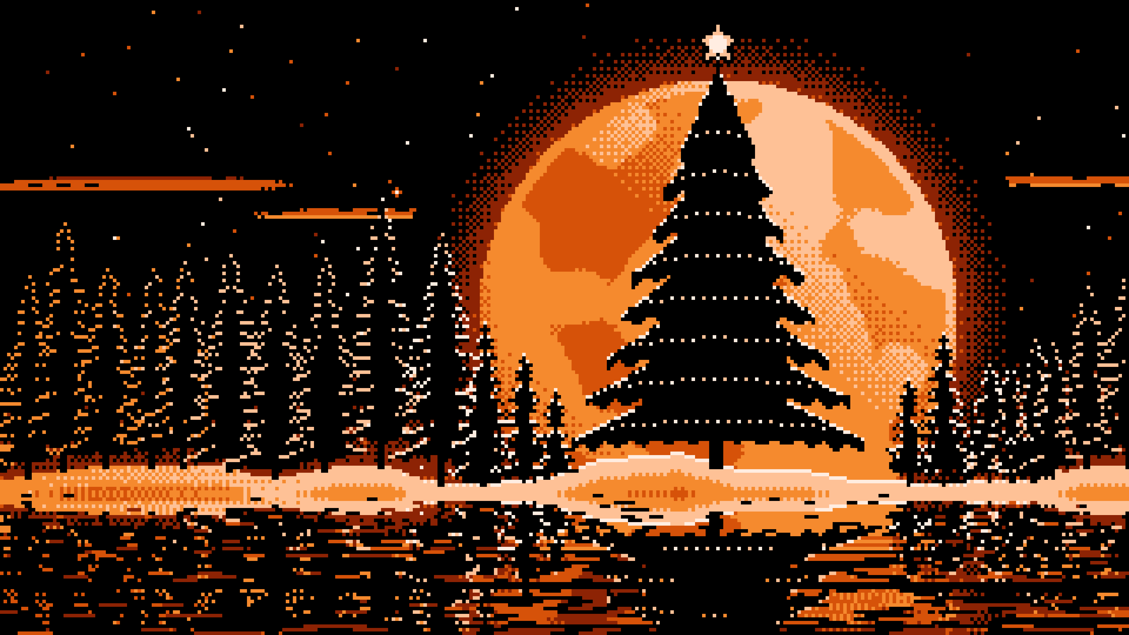 Orange Pixel Art Christmas Tree and Full Moon desktop wallpaper in 4K