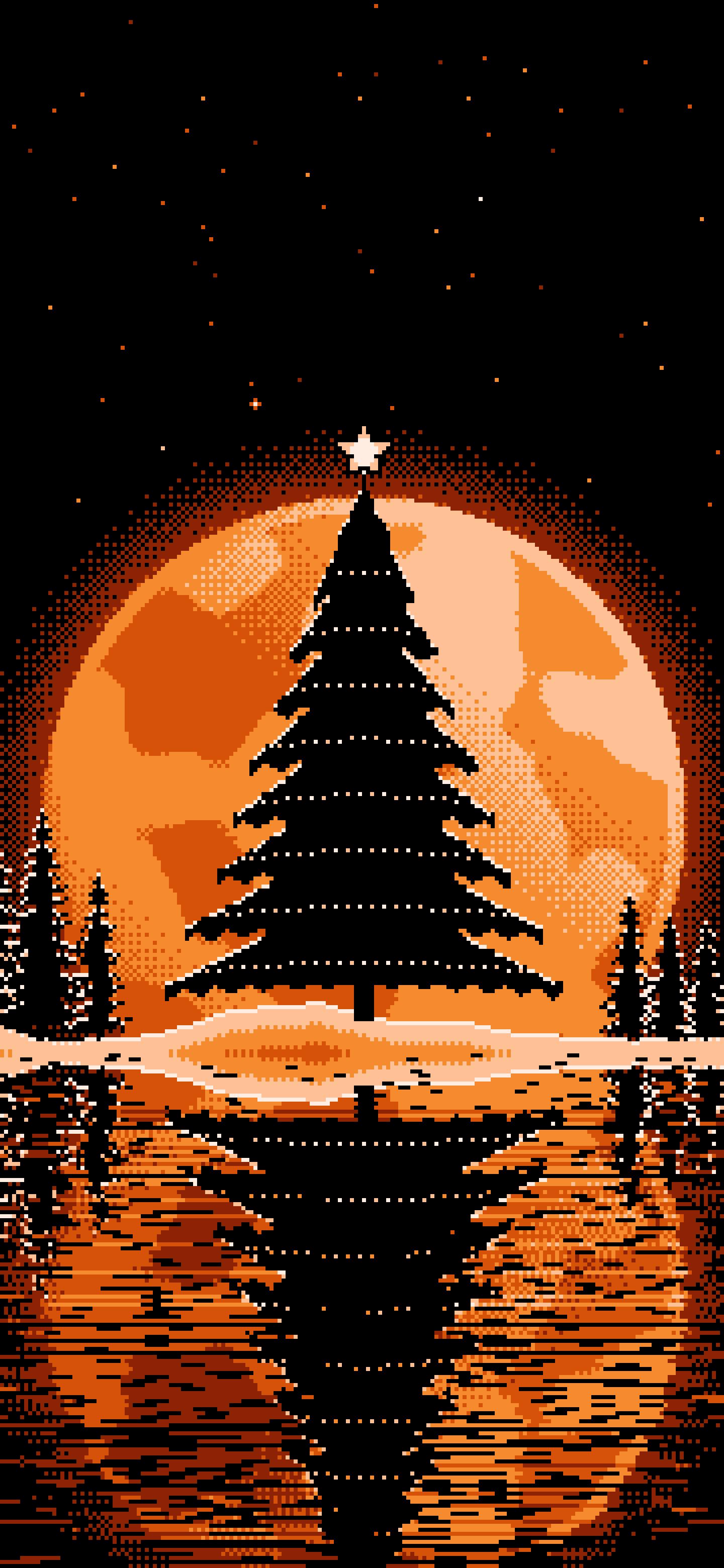 Orange Pixel Art Christmas Tree and Full Moon wallpaper for iPhone and Android