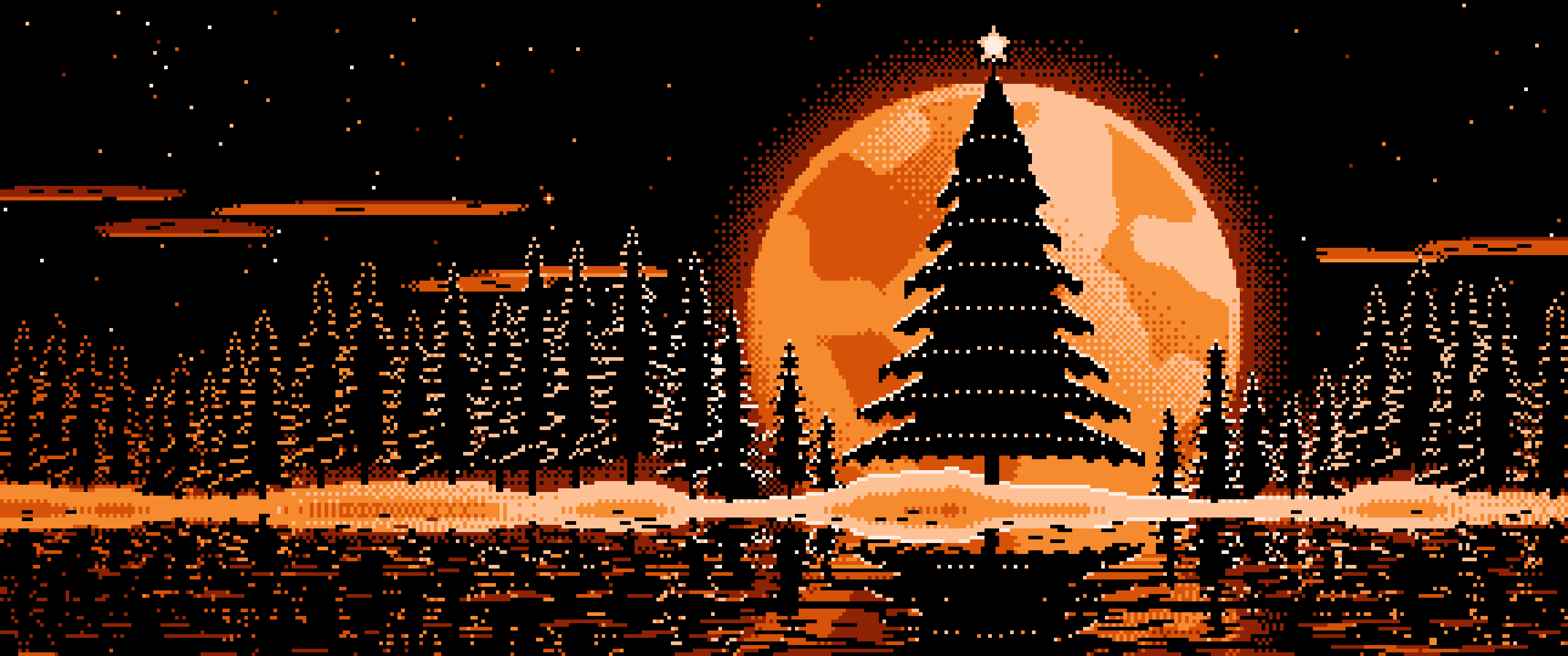 Orange Pixel Art Christmas Tree and Full Moon ultrawide wallpaper, 3440 × 1440