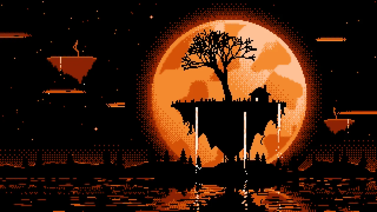 Orange Pixel Art Fantasy Floating Island and Full Moon desktop wallpaper in 4K
