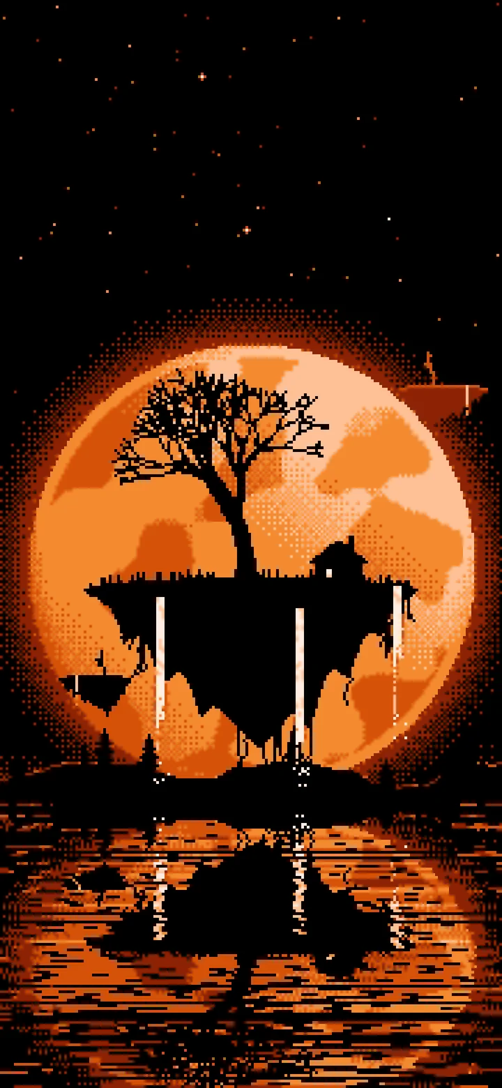 Orange Pixel Art Fantasy Floating Island and Full Moon wallpaper for iPhone and Android