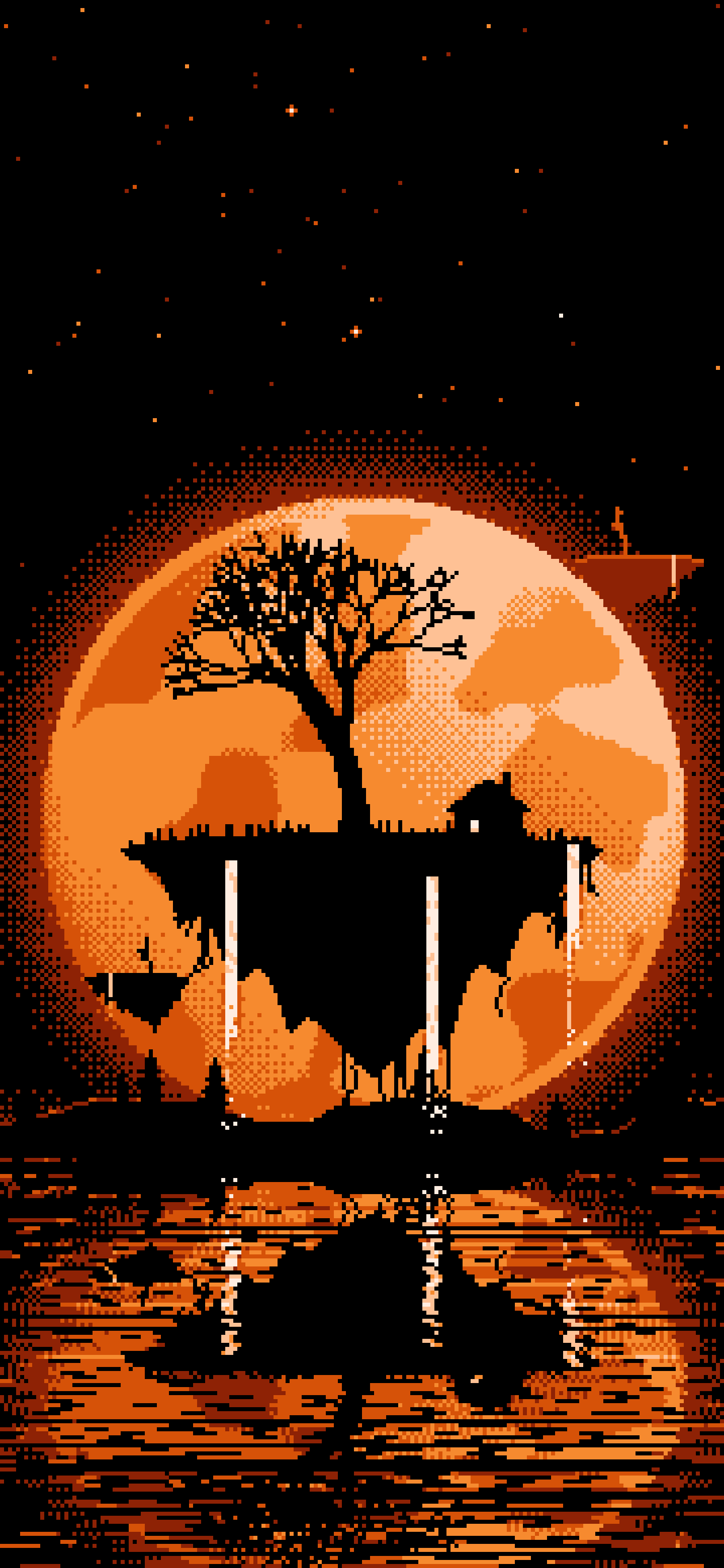 Orange Pixel Art Fantasy Floating Island and Full Moon wallpaper for iPhone and Android