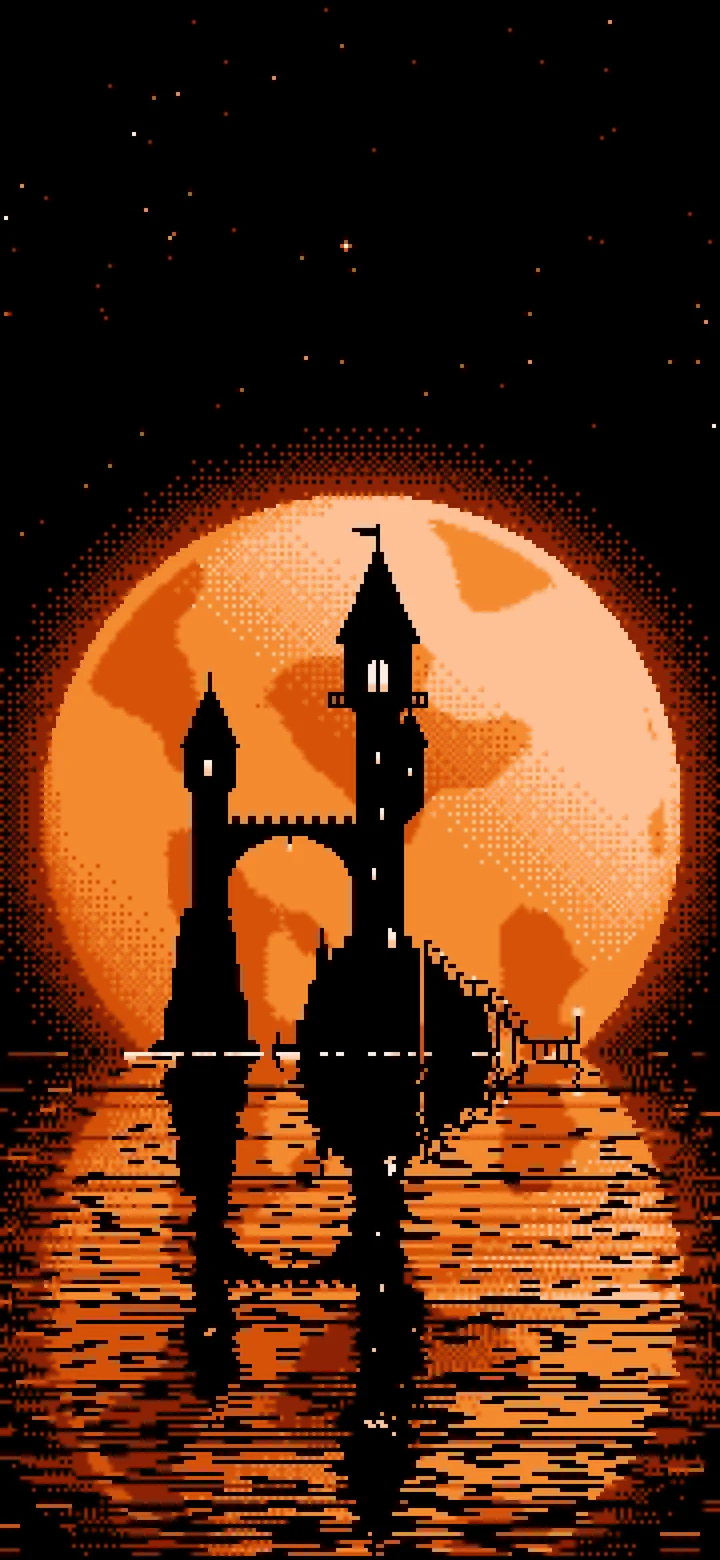 Orange Pixel Art Fantasy Wizard Tower and Full Moon wallpaper for iPhone and Android