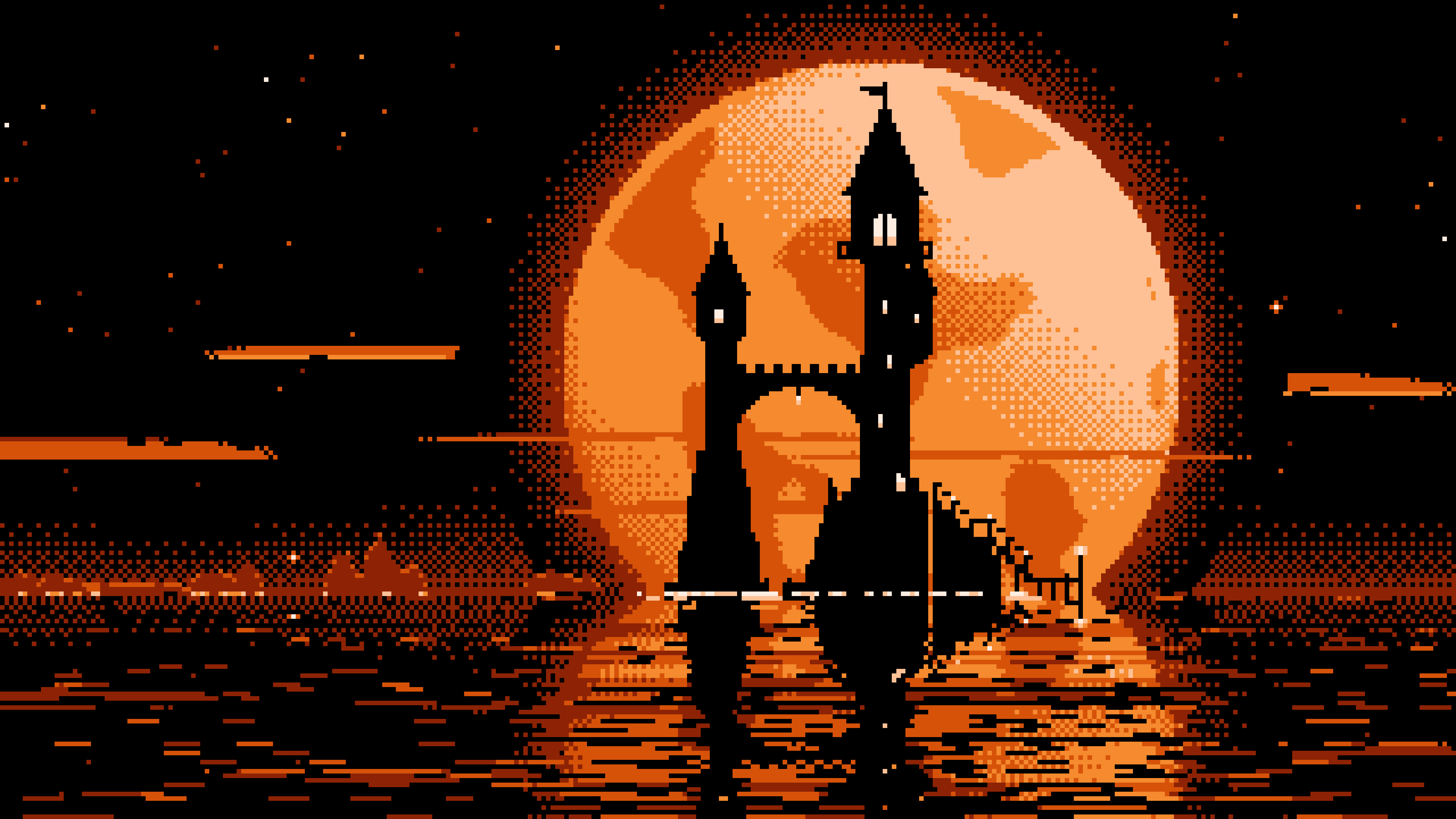 Orange Pixel Art Fantasy Wizard Tower and Full Moon desktop wallpaper in 4K