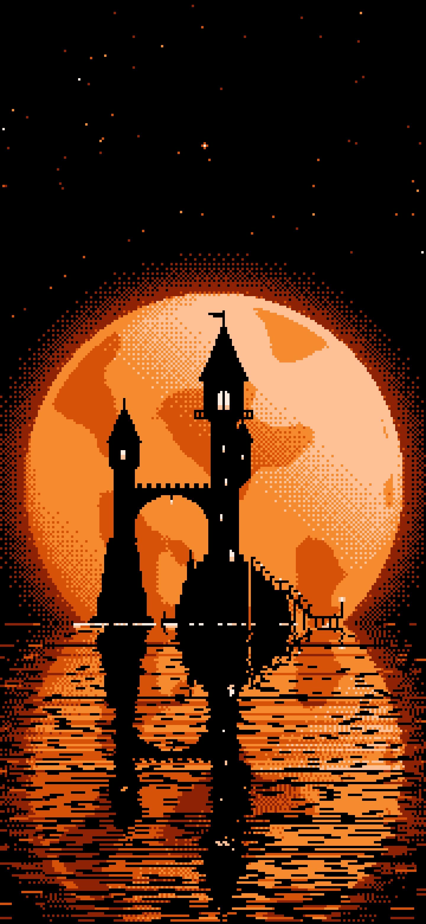 Orange Pixel Art Fantasy Wizard Tower and Full Moon wallpaper for iPhone and Android