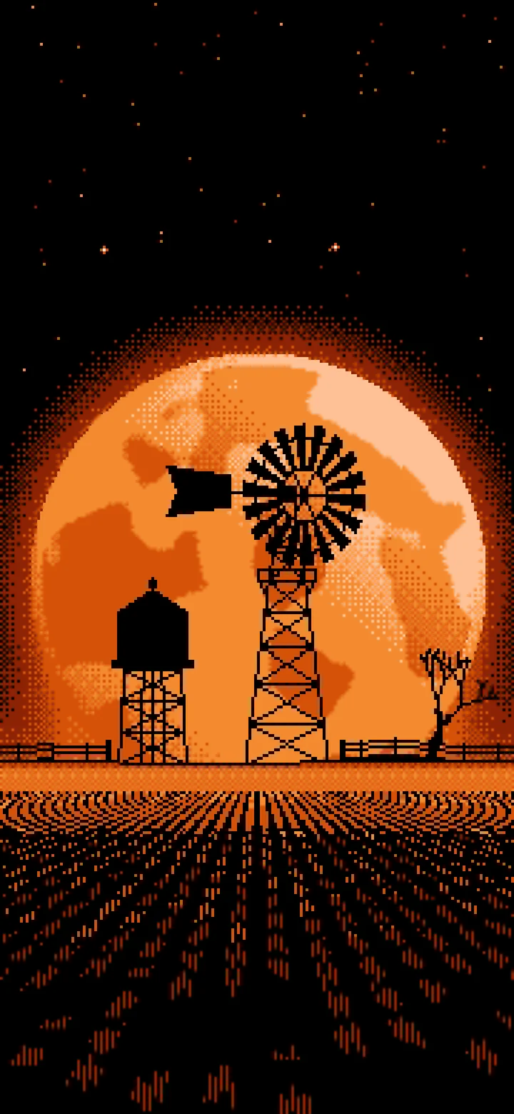 Orange Pixel Art Farm Windmill and Harvest Moon wallpaper for iPhone and Android