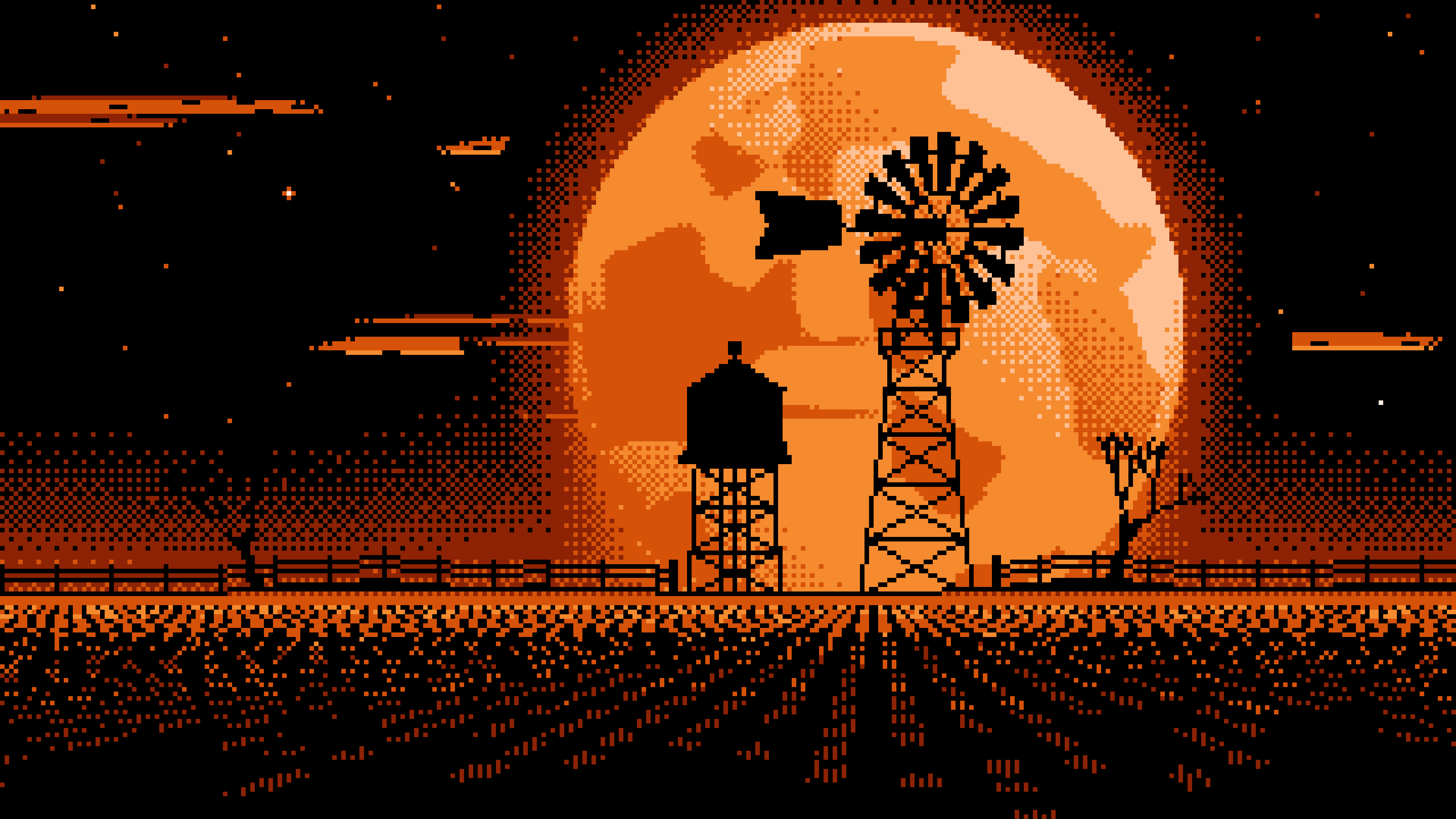 Orange Pixel Art Farm Windmill and Harvest Moon desktop wallpaper in 4K