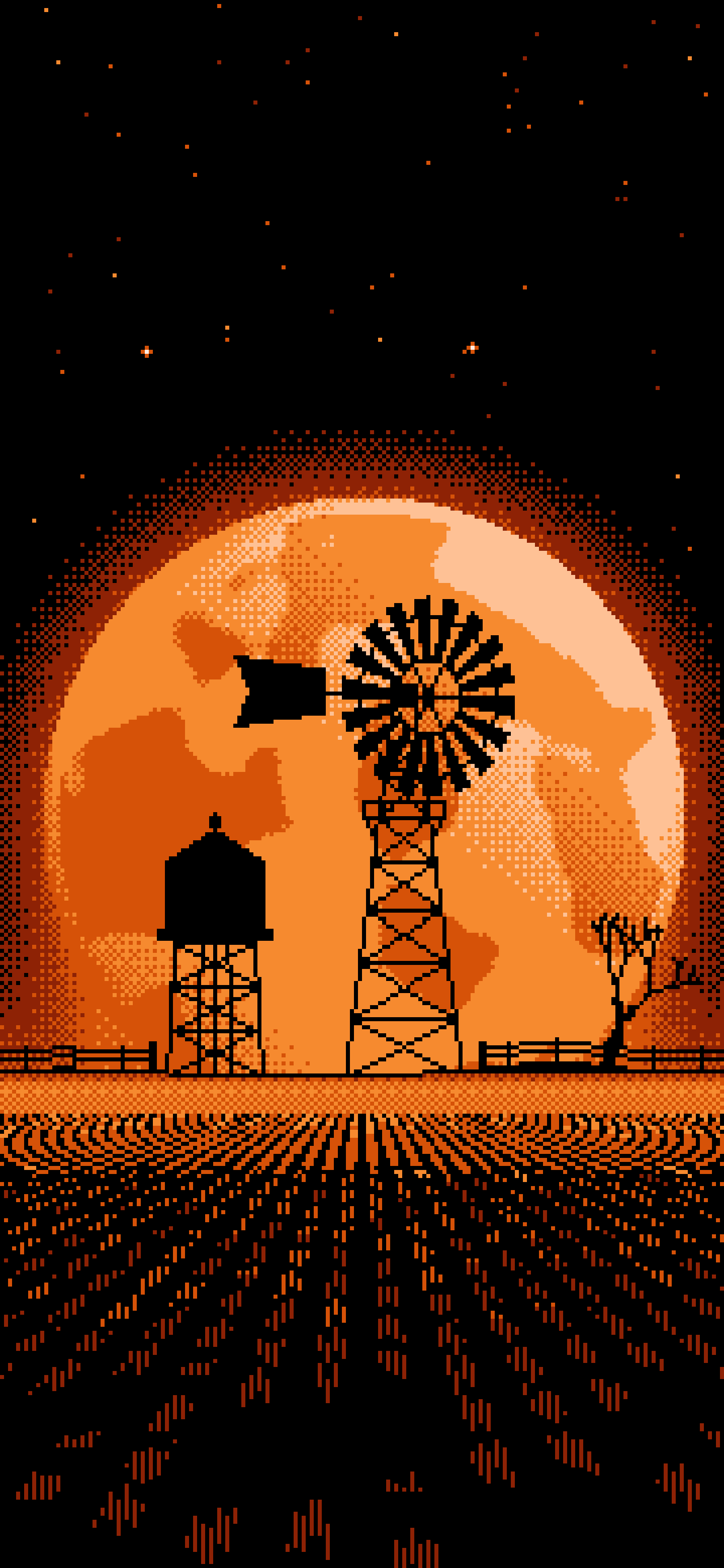 Orange Pixel Art Farm Windmill and Harvest Moon wallpaper for iPhone and Android