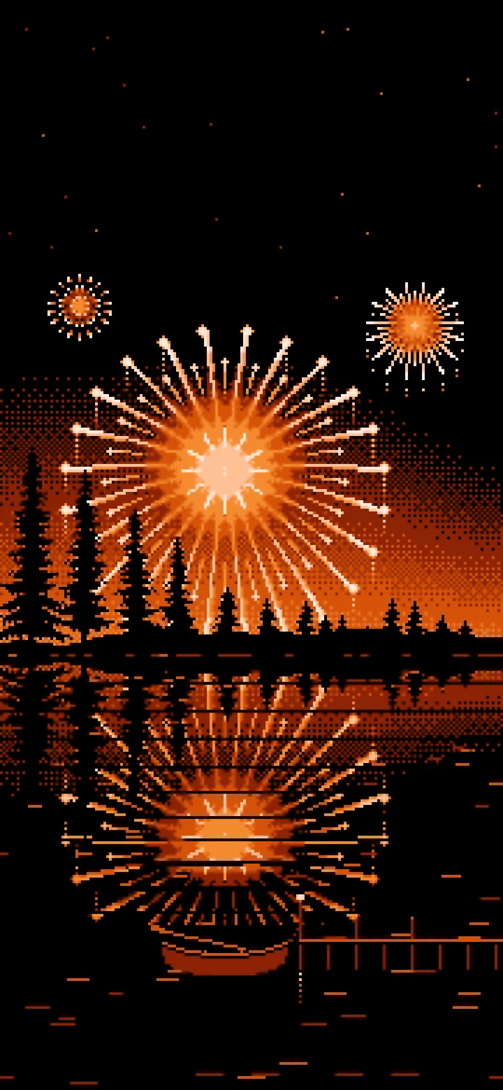 Orange Pixel Art Fireworks and Lake wallpaper for iPhone and Android