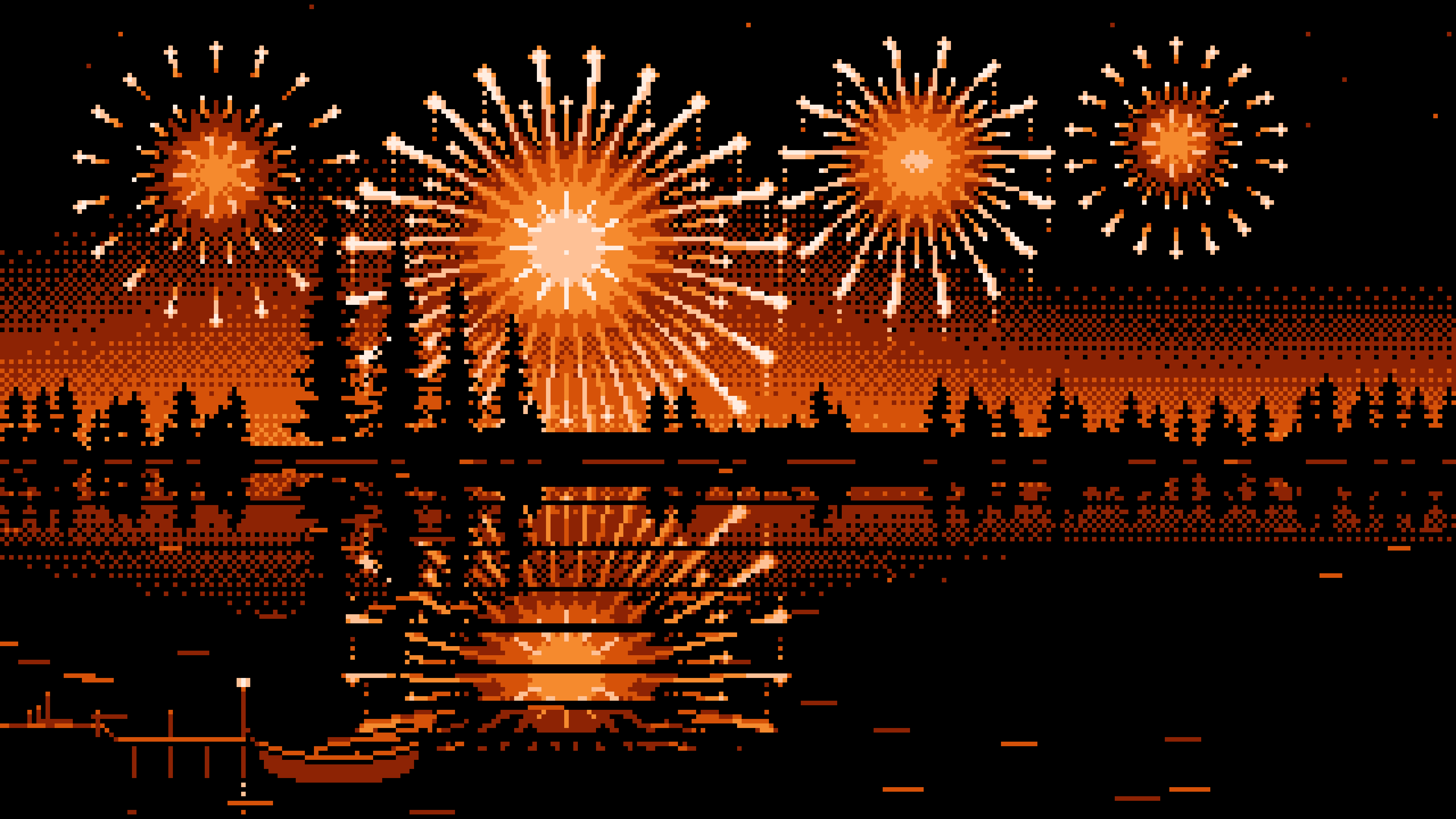 Orange Pixel Art Fireworks and Lake desktop wallpaper in 4K