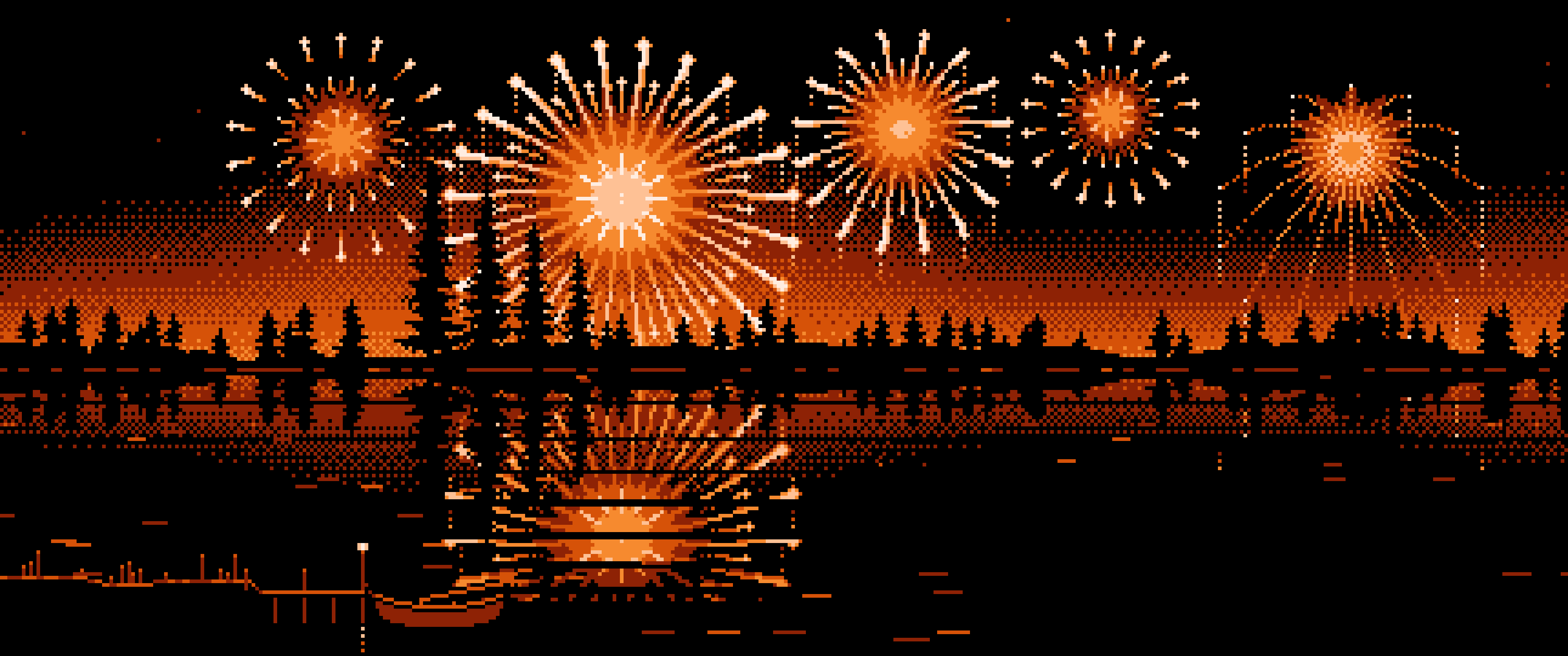 Orange Pixel Art Fireworks and Lake ultrawide wallpaper, 3440 × 1440