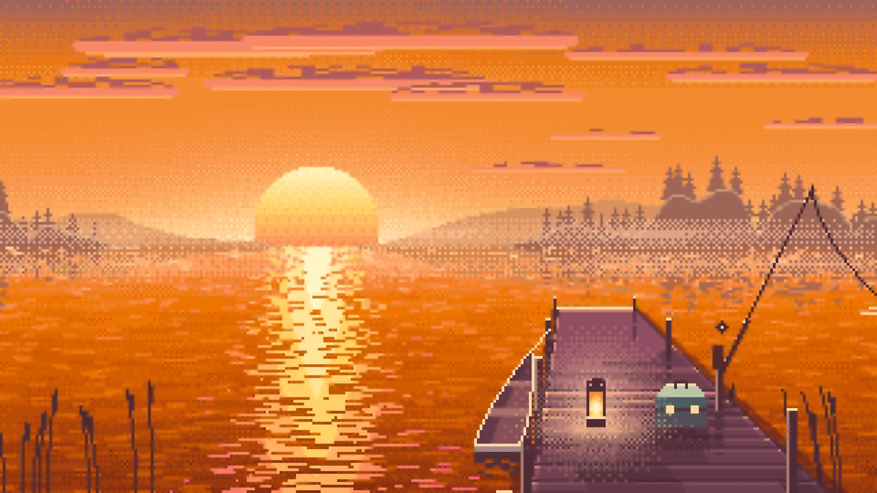 Orange Pixel Art Fishing Dock at Sunrise desktop wallpaper in 4K