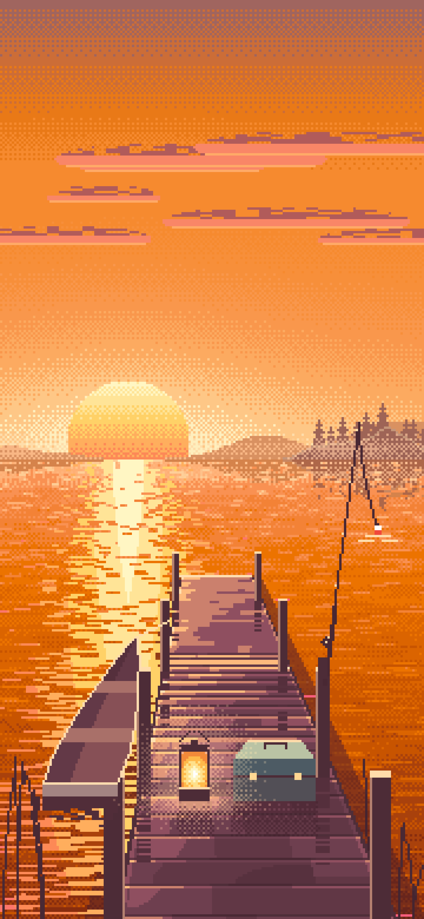 Orange Pixel Art Fishing Dock at Sunrise wallpaper for iPhone and Android