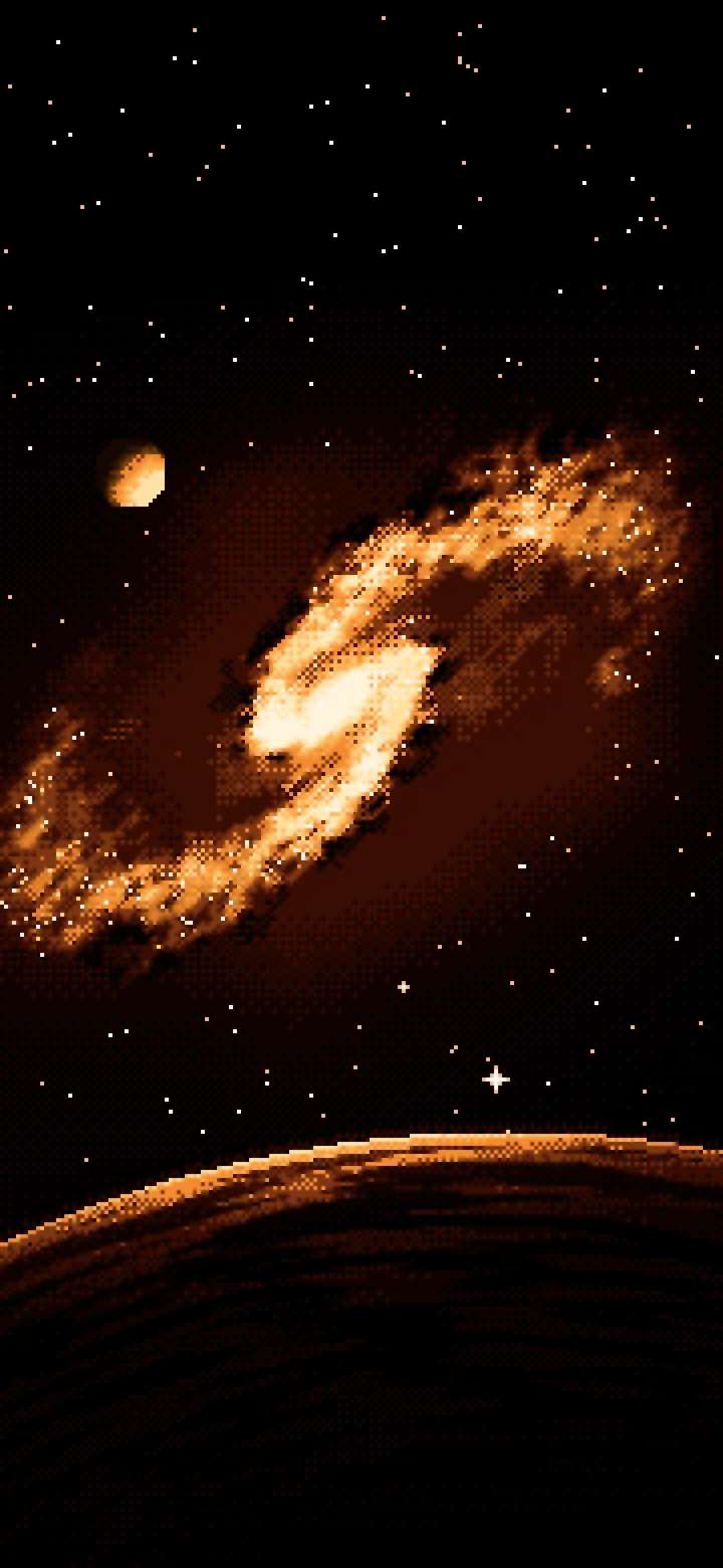 Orange Pixel Art Galaxy Behind a Dark Planet wallpaper for iPhone and Android
