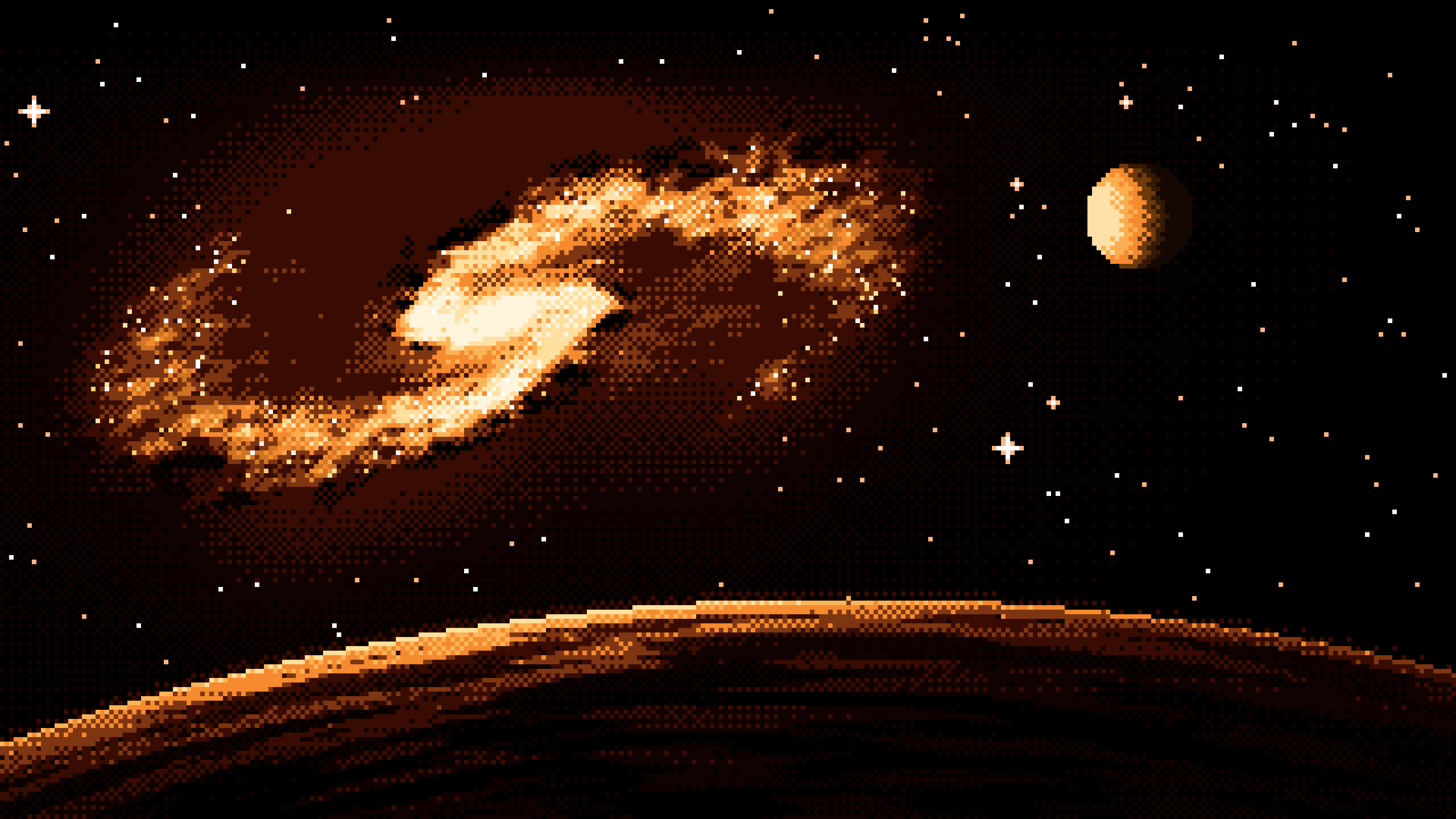 Orange Pixel Art Galaxy Behind a Dark Planet desktop wallpaper in 4K