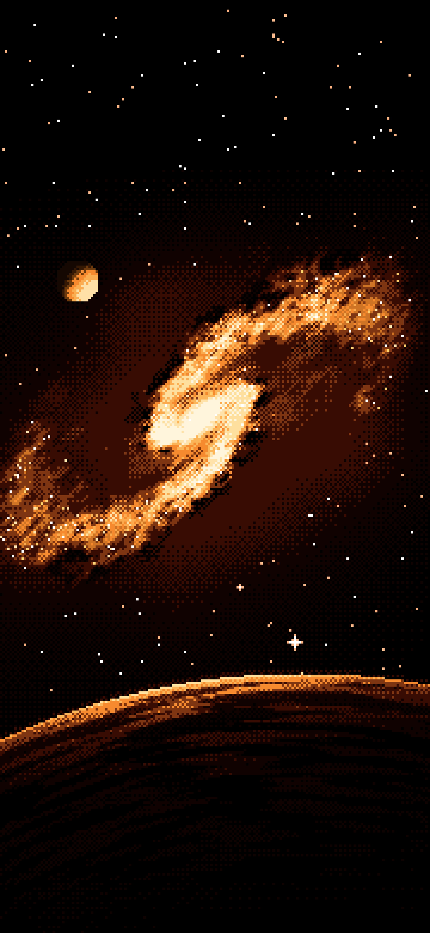 Orange Pixel Art Galaxy Behind a Dark Planet wallpaper for iPhone and Android