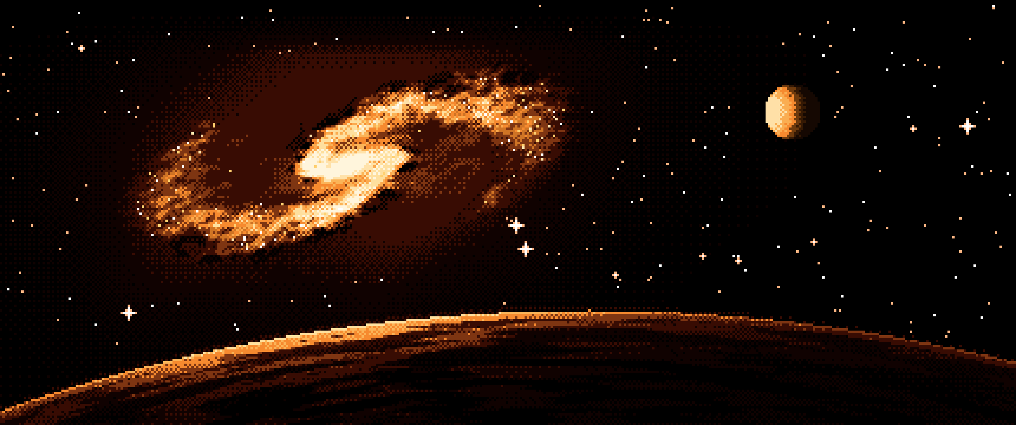 Orange Pixel Art Galaxy Behind a Dark Planet ultrawide wallpaper, 3440 × 1440
