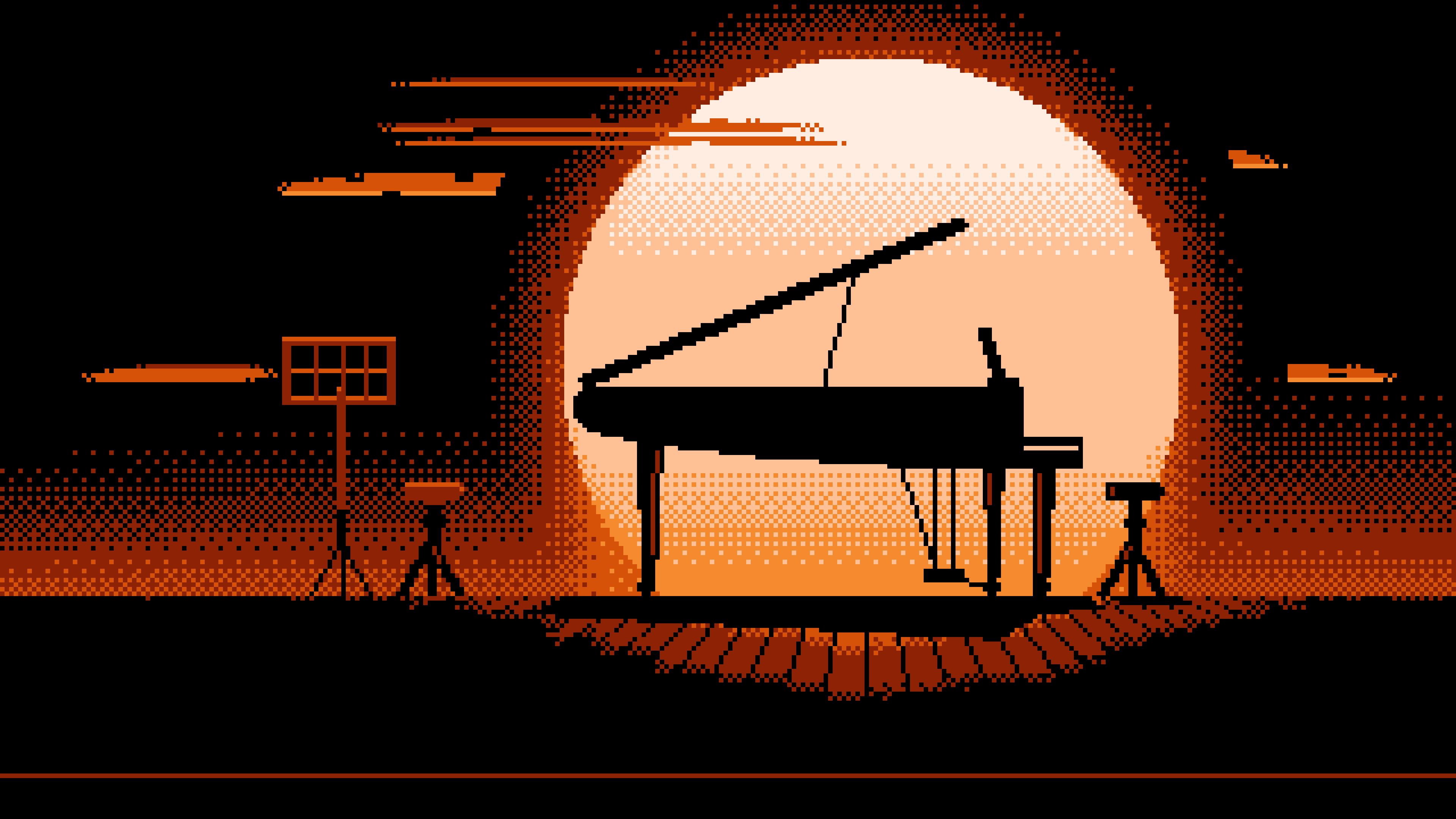 Orange Pixel Art Grand Piano Silhouette desktop wallpaper in 4K