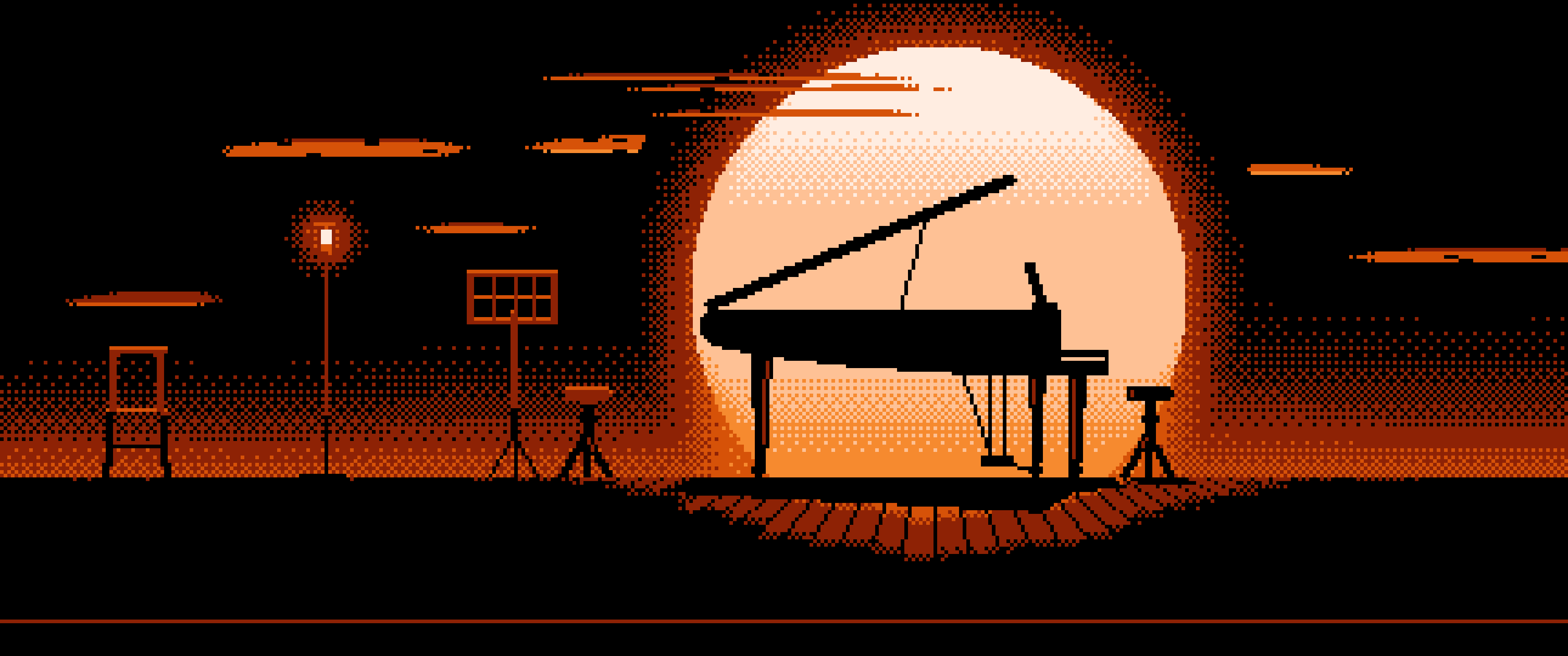Orange Pixel Art Grand Piano Silhouette ultrawide wallpaper, 3440 × 1440