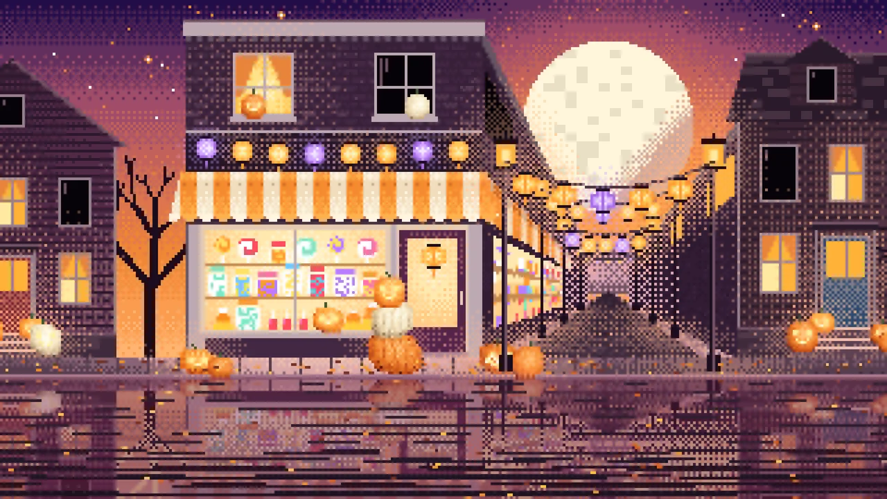 Orange Pixel Art Halloween Candy Shop at Night desktop wallpaper in 4K