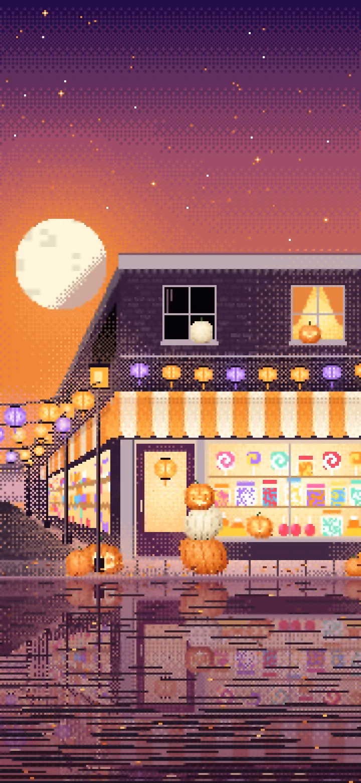 Orange Pixel Art Halloween Candy Shop at Night wallpaper for iPhone and Android