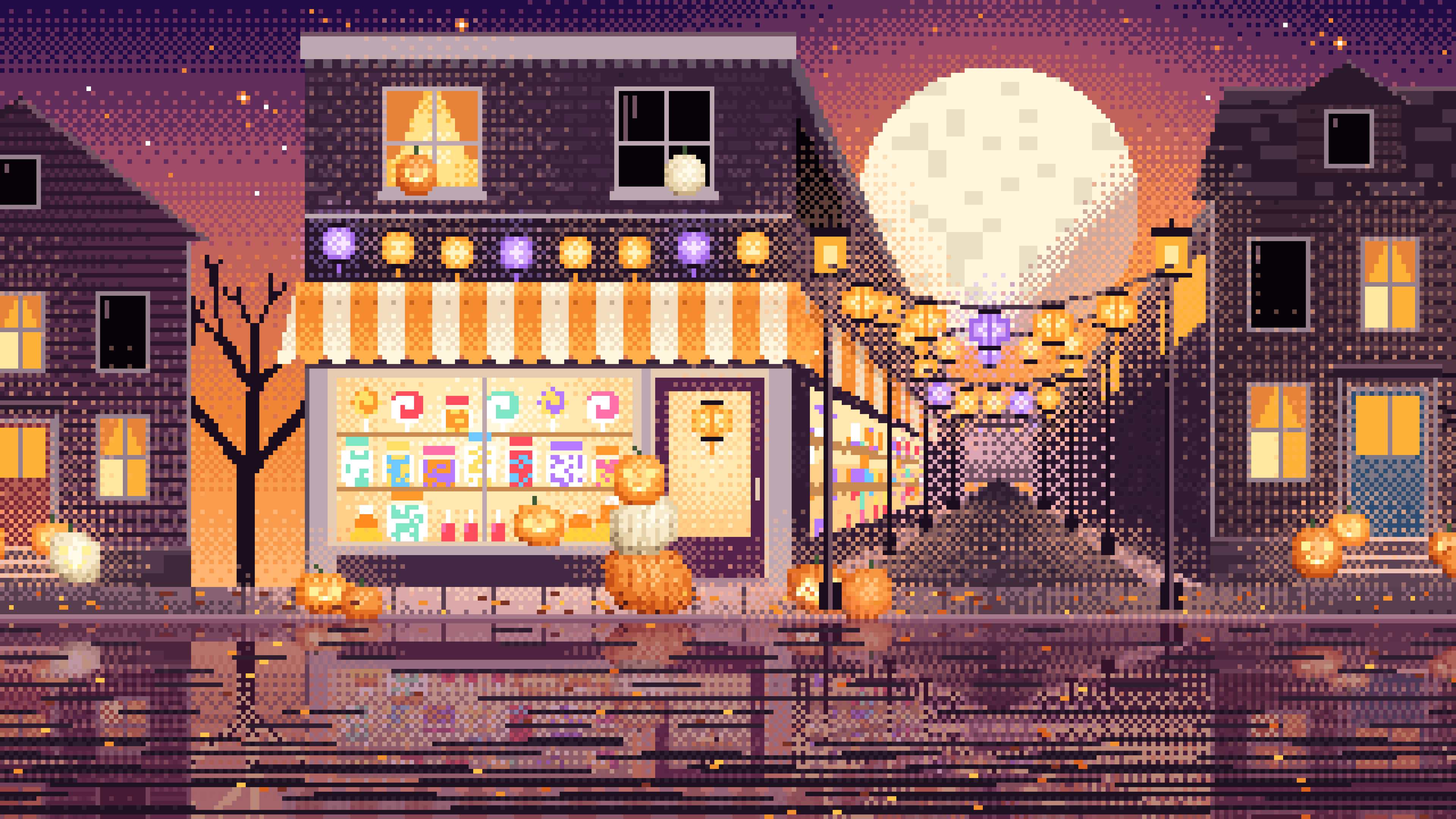 Orange Pixel Art Halloween Candy Shop at Night desktop wallpaper in 4K