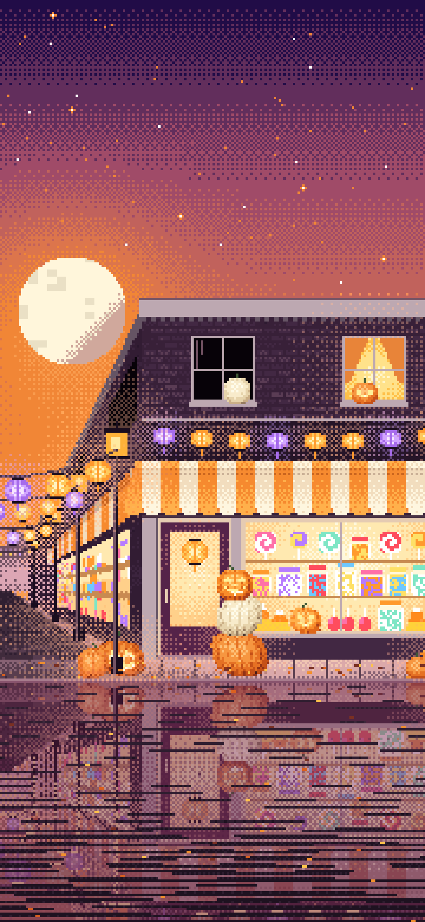 Orange Pixel Art Halloween Candy Shop at Night wallpaper for iPhone and Android