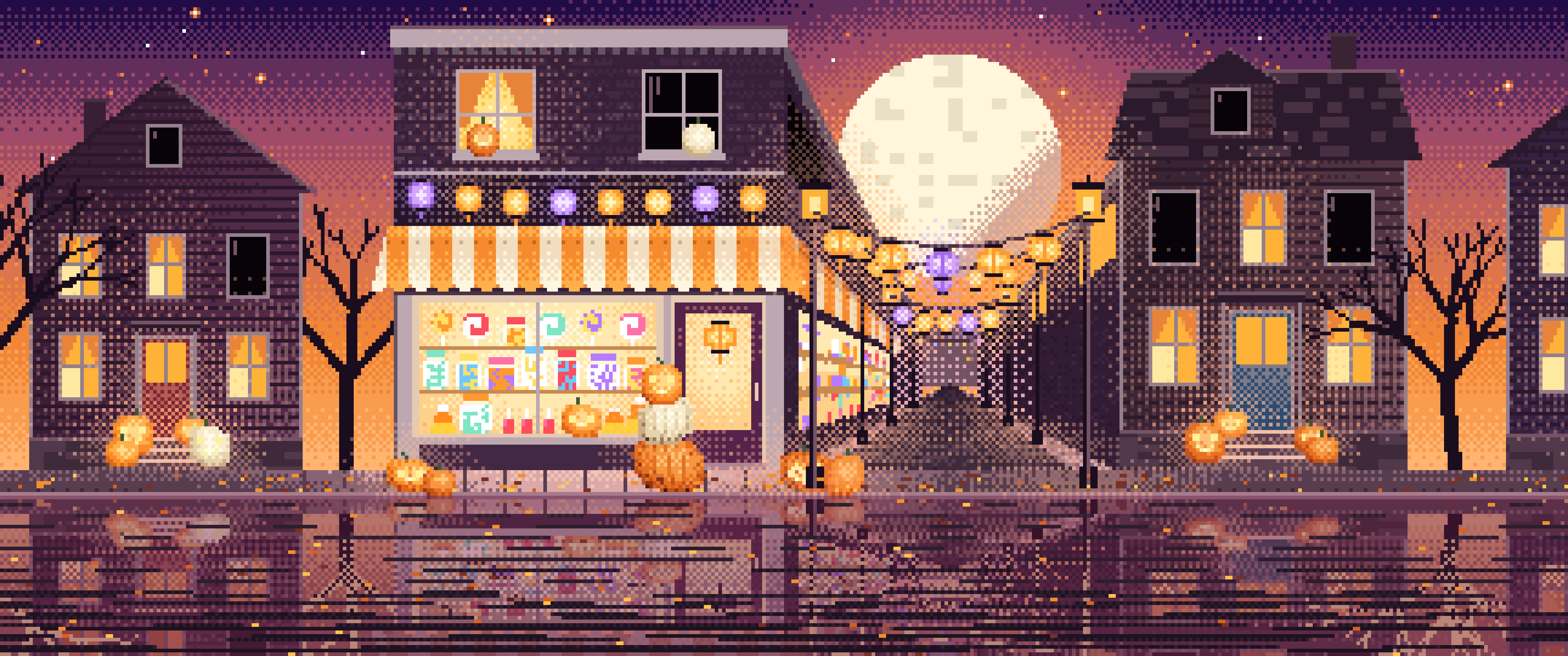 Orange Pixel Art Halloween Candy Shop at Night ultrawide wallpaper, 3440 × 1440