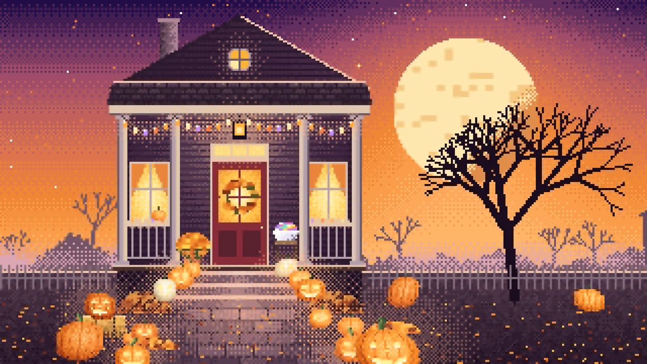 Orange Pixel Art Halloween Front Porch at Night desktop wallpaper in 4K