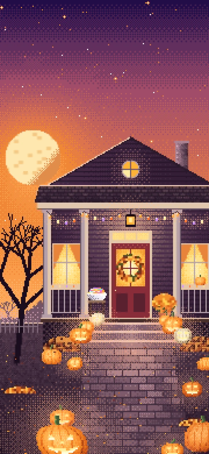 Orange Pixel Art Halloween Front Porch at Night wallpaper for iPhone and Android