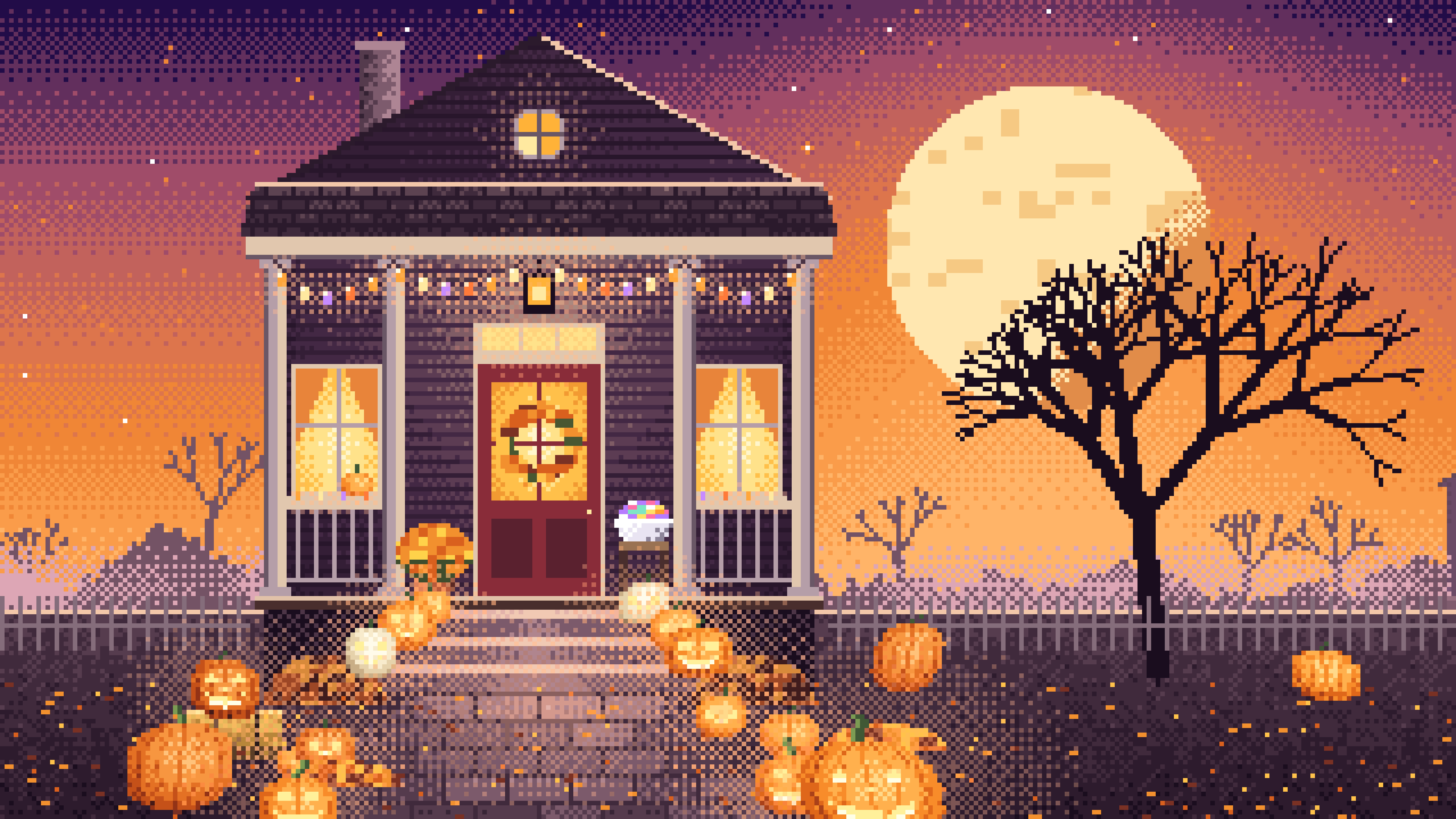 Orange Pixel Art Halloween Front Porch at Night desktop wallpaper in 4K